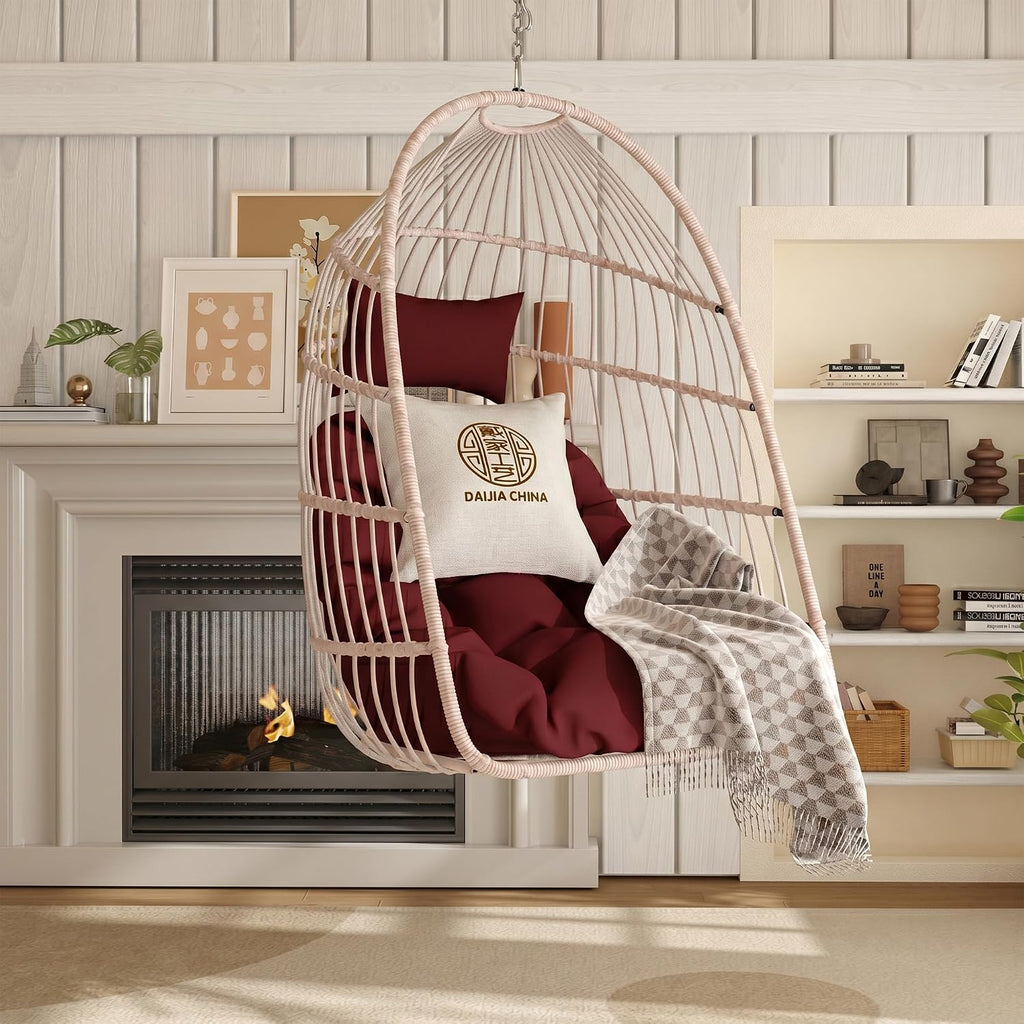 Hanging Egg Chair with Pillow, HDPE Rattan Foldable Swing Chair with Aluminum Frame & UV Resistant Cushion, Hammock Egg Basket Without Stand for Indoor Outdoor, 350Lbs Capacity, Strawberry Red