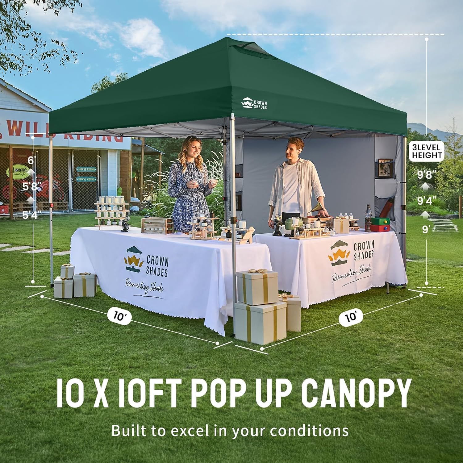 CROWN SHADES Canopy Tent 10x10 Pop Up Canopy Outdoor Shade with Pockets Sidewall, Easy Up Sun Shelter with One Person Set Up Center Lock, Portable Instant Camping Beach Canopy Tents, Forest Green