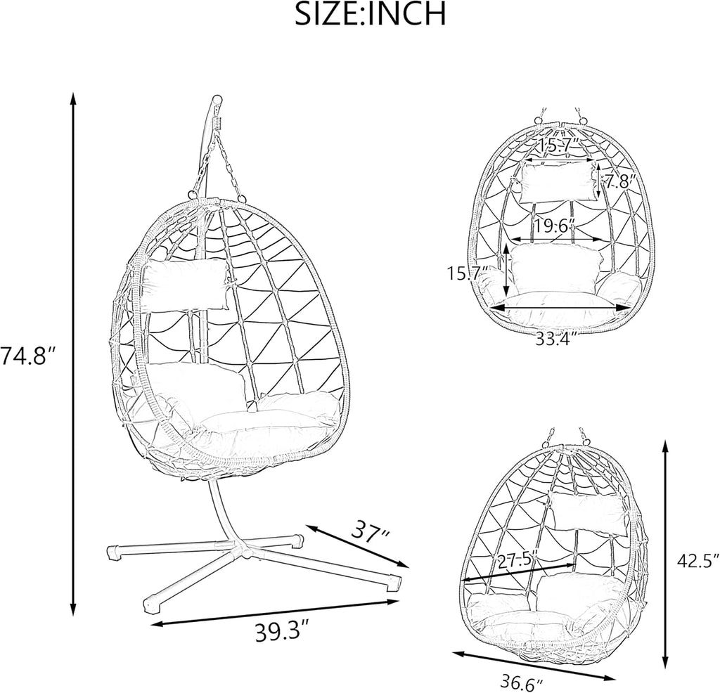 Wicker Hanging Chair with Stand,Indoor/Outdoor Swing Egg Chair with Cushion,Hammock Chair for Bedroom Living Room Patio Balcony Porch Garden,350Lbs Capacity Blue 1 Seat