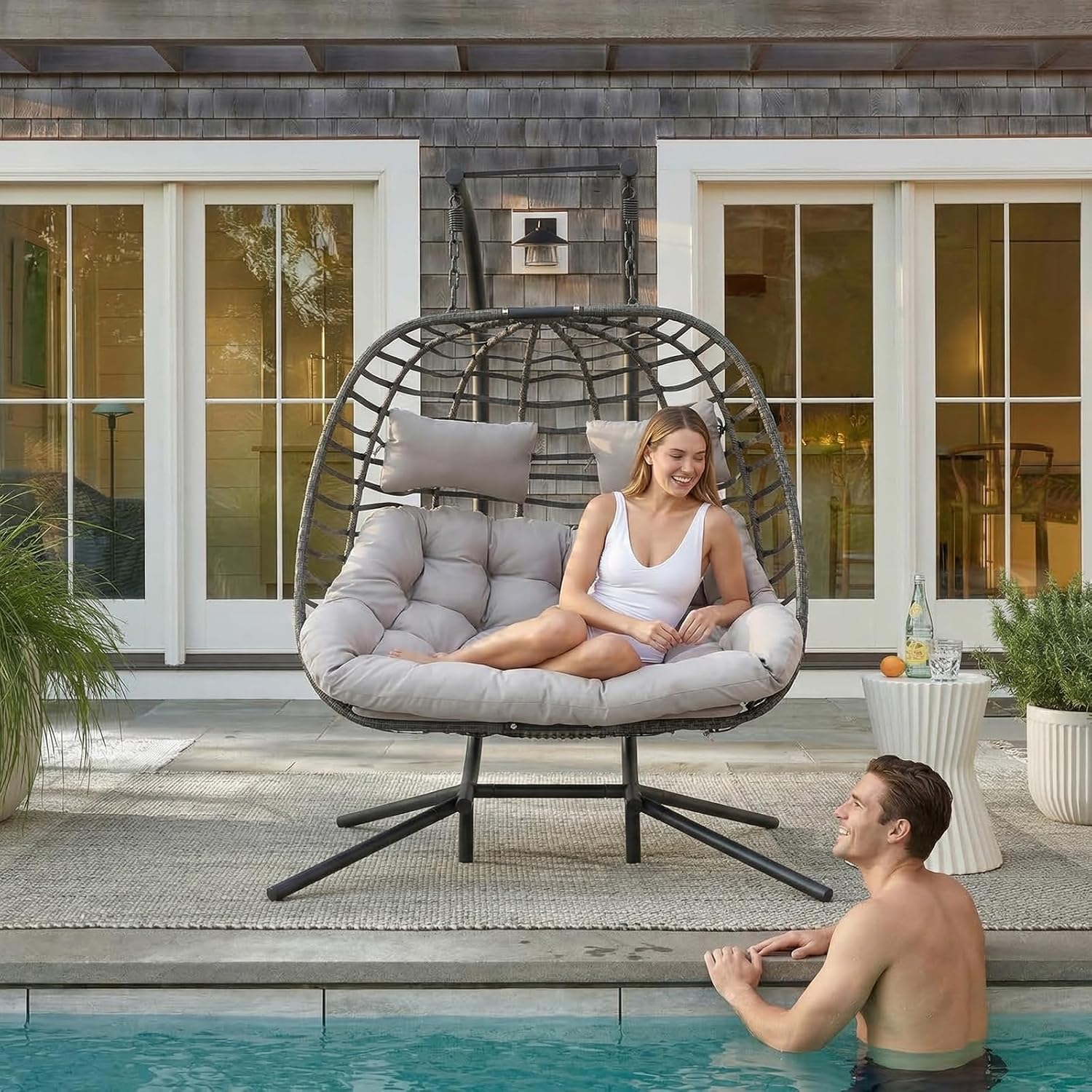 2 Person Hanging Egg Chair with Stand for Outdoor, Patio Hand Made Rattan Wicker Double Egg Swing Chairs Hammock Chair with UV Resistant Cushion and Metal Frame, Porch Swing Loveseat for Backyard
