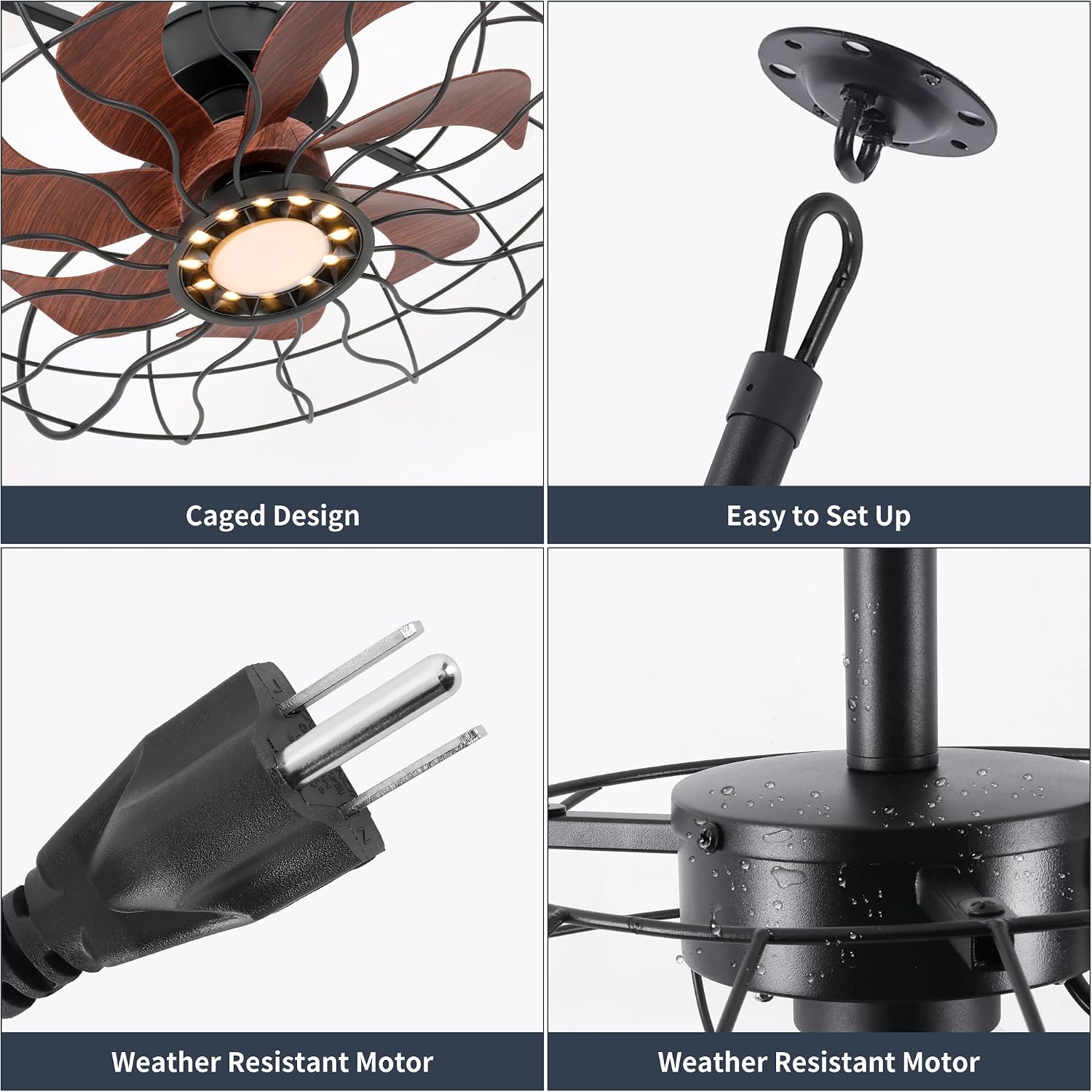 20' Outdoor Ceiling Fan with Light, With Remote and App Remote, IP65 Waterproof Gazebo Hanging Fan, 3CCT Dimmable, Portable Plug in Ceiling Fan with Cord Hook for Patio Porch Pergola Indoor(Black)