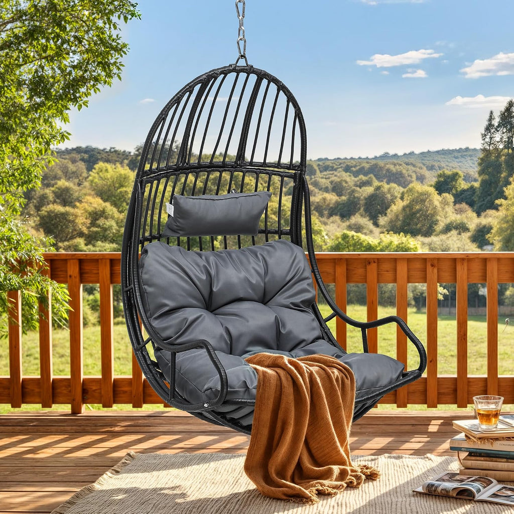 DWVO Hammocks Swing Chair with Cushions 330 LBS, Comfortable Egg Chair Wicker for Patio, Bedroom, Garden, Balcony Indoor and Outdoor Use, Gray
