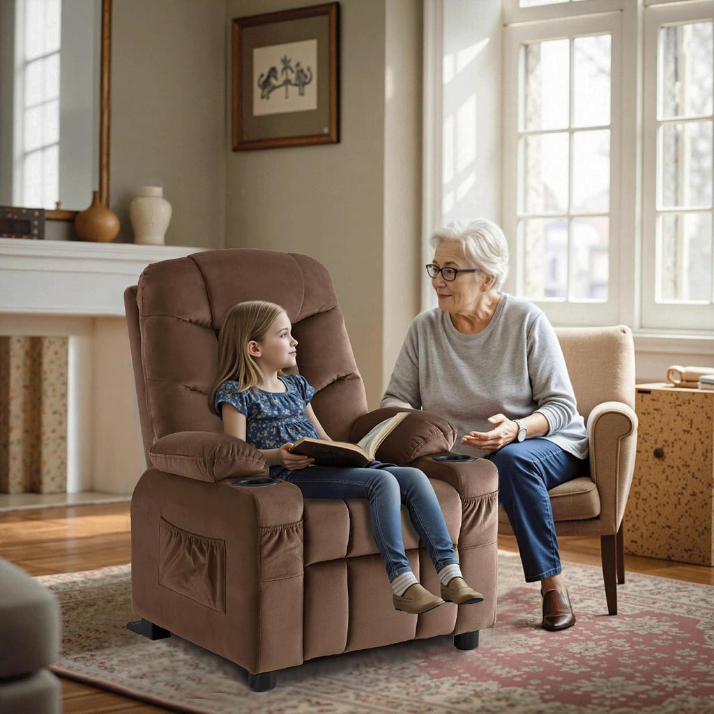 MCombo Big Kids Recliner for Ages 3+, Child Reclining Chair, Toddlers Recliner Sofa with Cup Holders (Velvet, Brown)