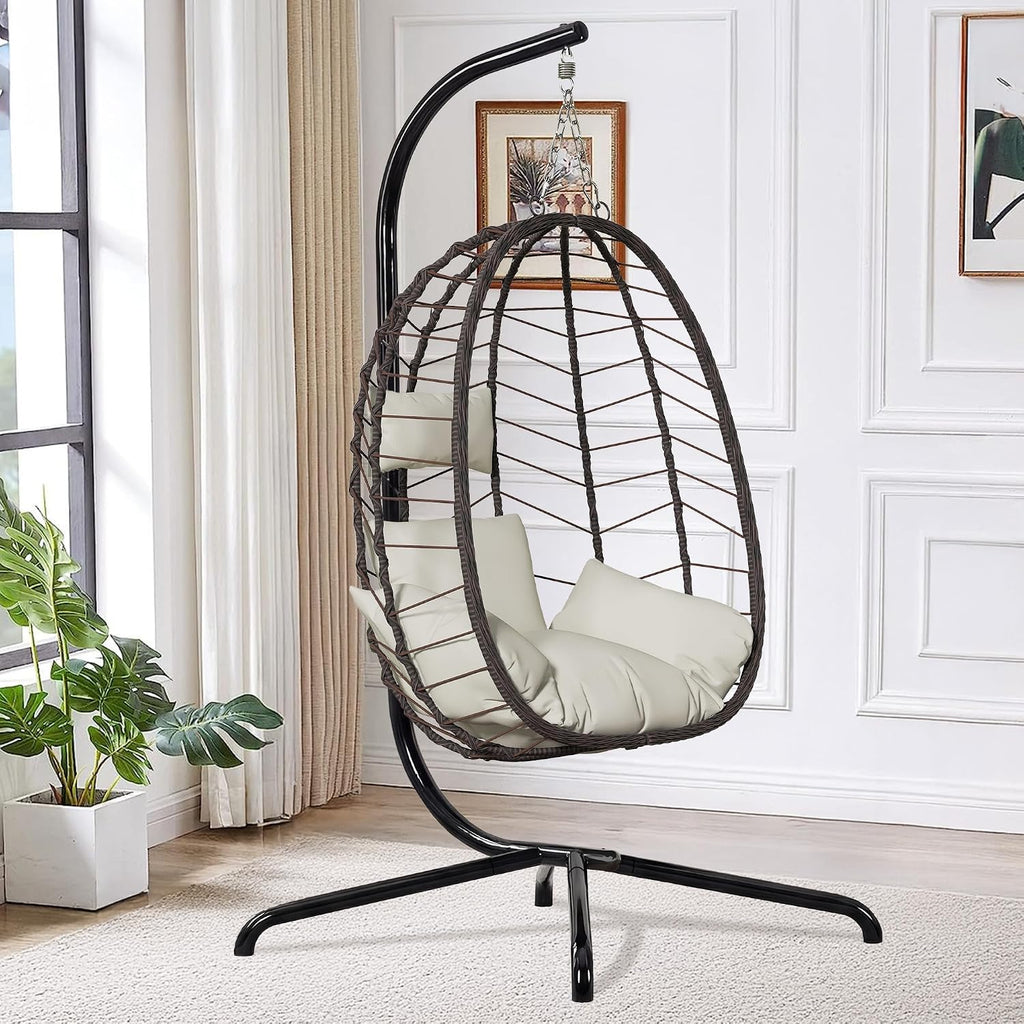LEX CRAFT Hanging Egg Chair with Stand, Swinging Egg Chair Outdoor Indoor, Hanging Basket Chair with Cushion, Patio Wicker Hammock Chair 350lbs Capacity for Porch, Balcony, Backyard, Garden (Beige)
