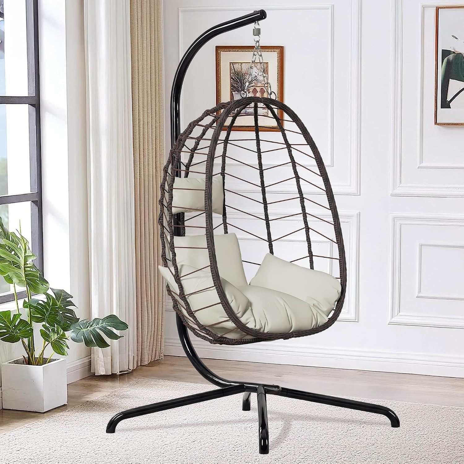LEX CRAFT Hanging Egg Chair with Stand, Swinging Egg Chair Outdoor Indoor, Hanging Basket Chair with Cushion, Patio Wicker Hammock Chair 350lbs Capacity for Porch, Balcony, Backyard, Garden (Beige)
