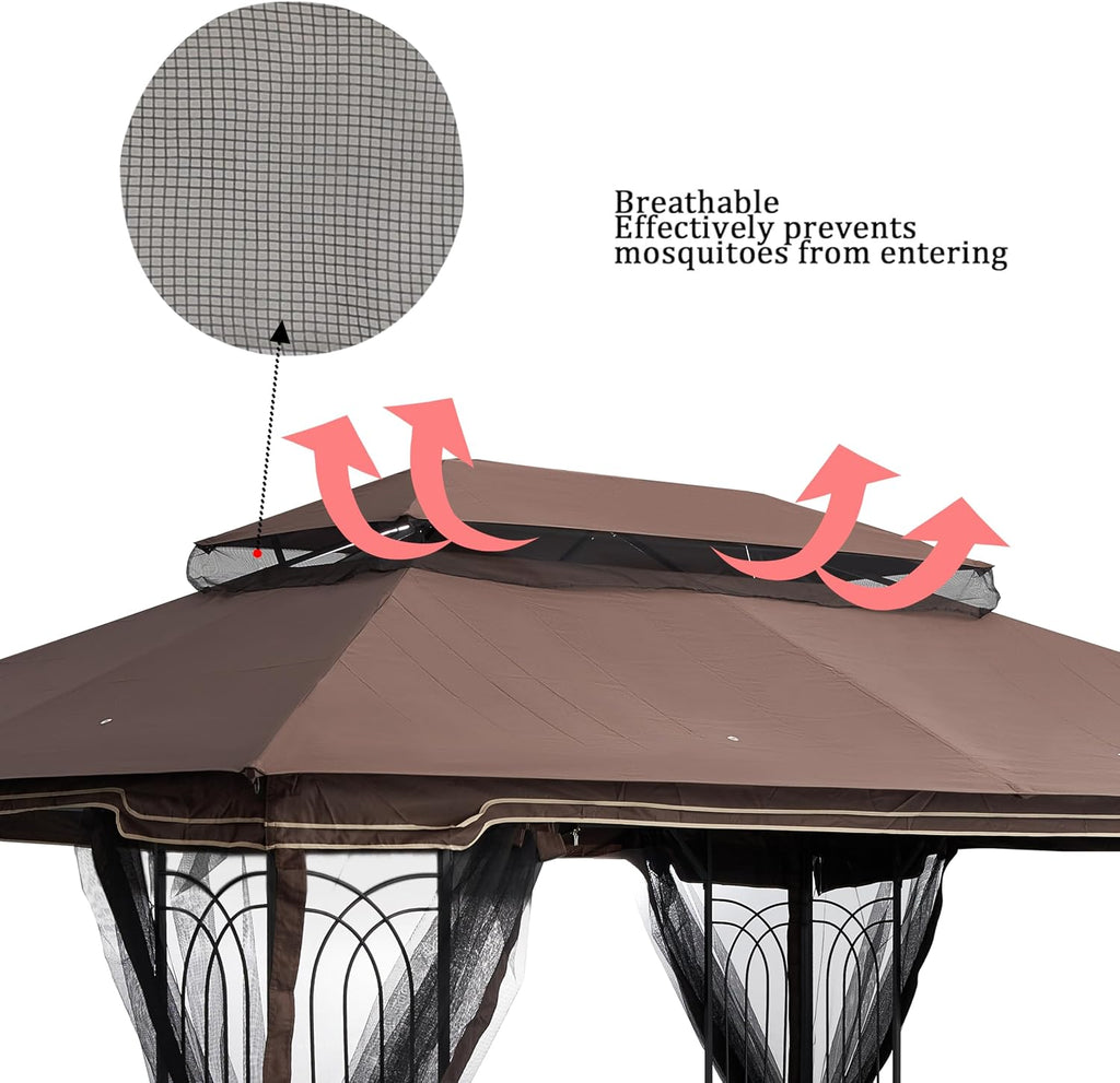 10x13 Ft Outdoor Patio Gazebo Replacement Canopy, Double Tiered Roof Top Cover, UV Protection & Waterproof Fabric, Fits 10x13 Gazebo Frame, Brown(Frame Not Included)