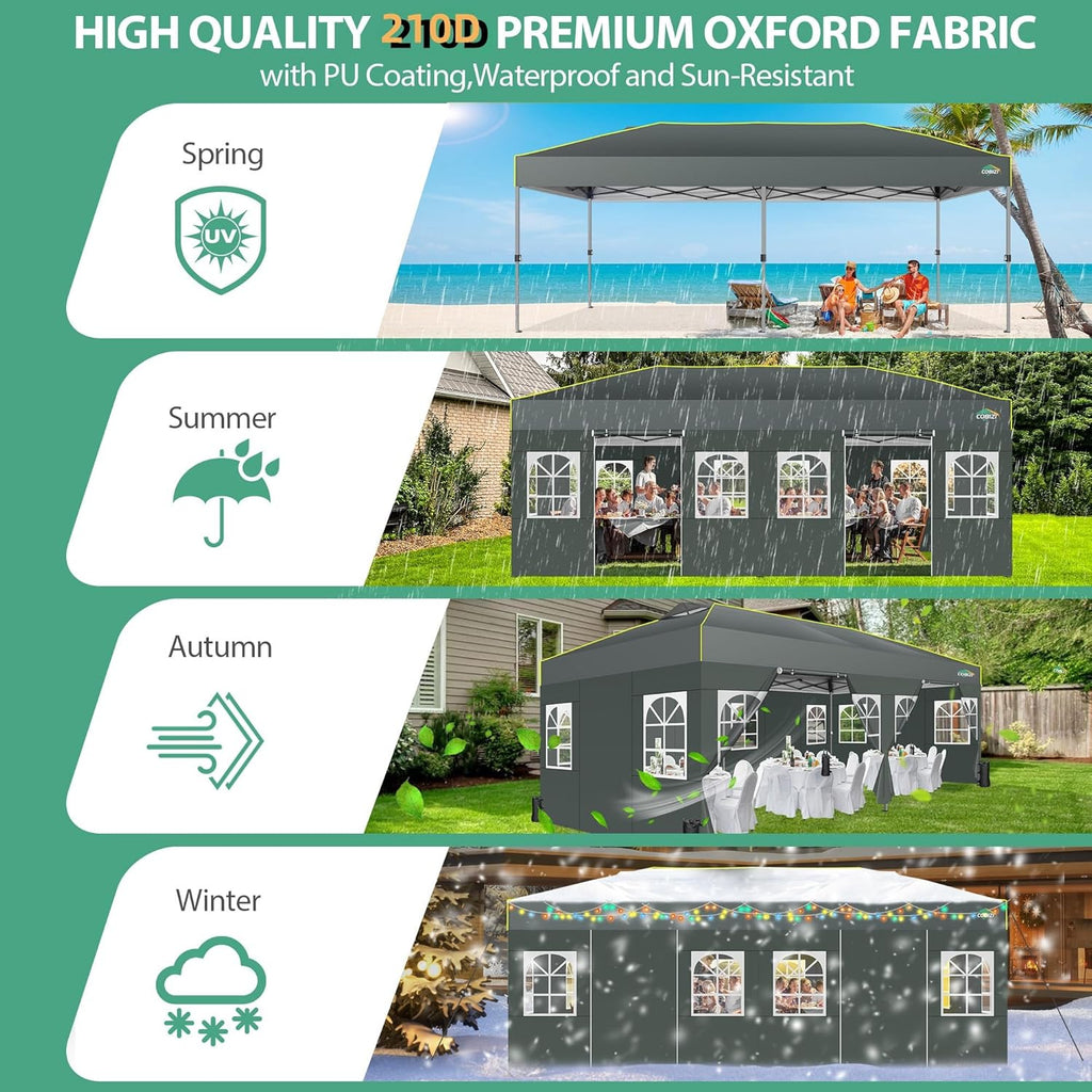 COBIZI 10x20 Pop Up Canopy with 6 Sidewalls One Push Setup Outdoor Event Shelter Waterproof UPF 50+ Gazebo Tent with Carry Bag,Air Vent,Sandbag for Commercial, Wedding, Party,Grey