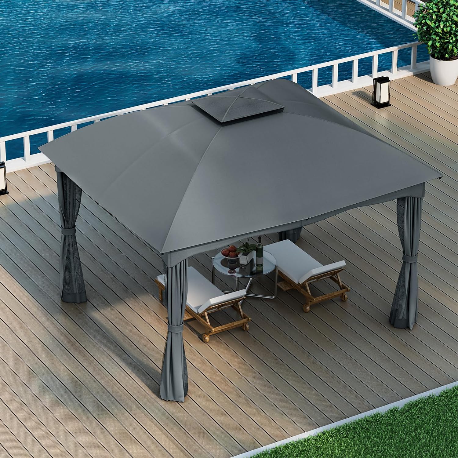 Tangkula 12x10 Ft Patio Gazebo, Double Vented Gazebo with Zippered Privacy Curtains, Mesh Screen Netting, Outdoor Steel Gazebo for Deck, Garden, Yard, Poolside (Grey)