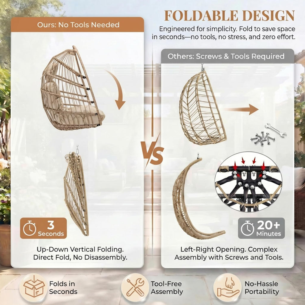 RADIATA Royal Craft Hanging Egg Chair with Stand, All-Weather Wicker Swing Chair with Dome Design and Cushion, 350Lbs Indoor Outdoor Hammock Basket Seat for Bedroom Balcony Patio Porch, Beige