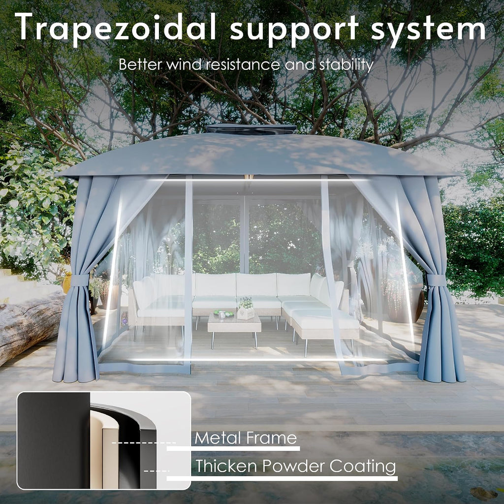 Gazebo 10x12 with Mosquito Netting & Privacy Screens. Double Roof Design Outdoor Gazebo with Trapezoidal Support System for Patio, Deck, Backyard, Garden & Lawns(Dark Gray)