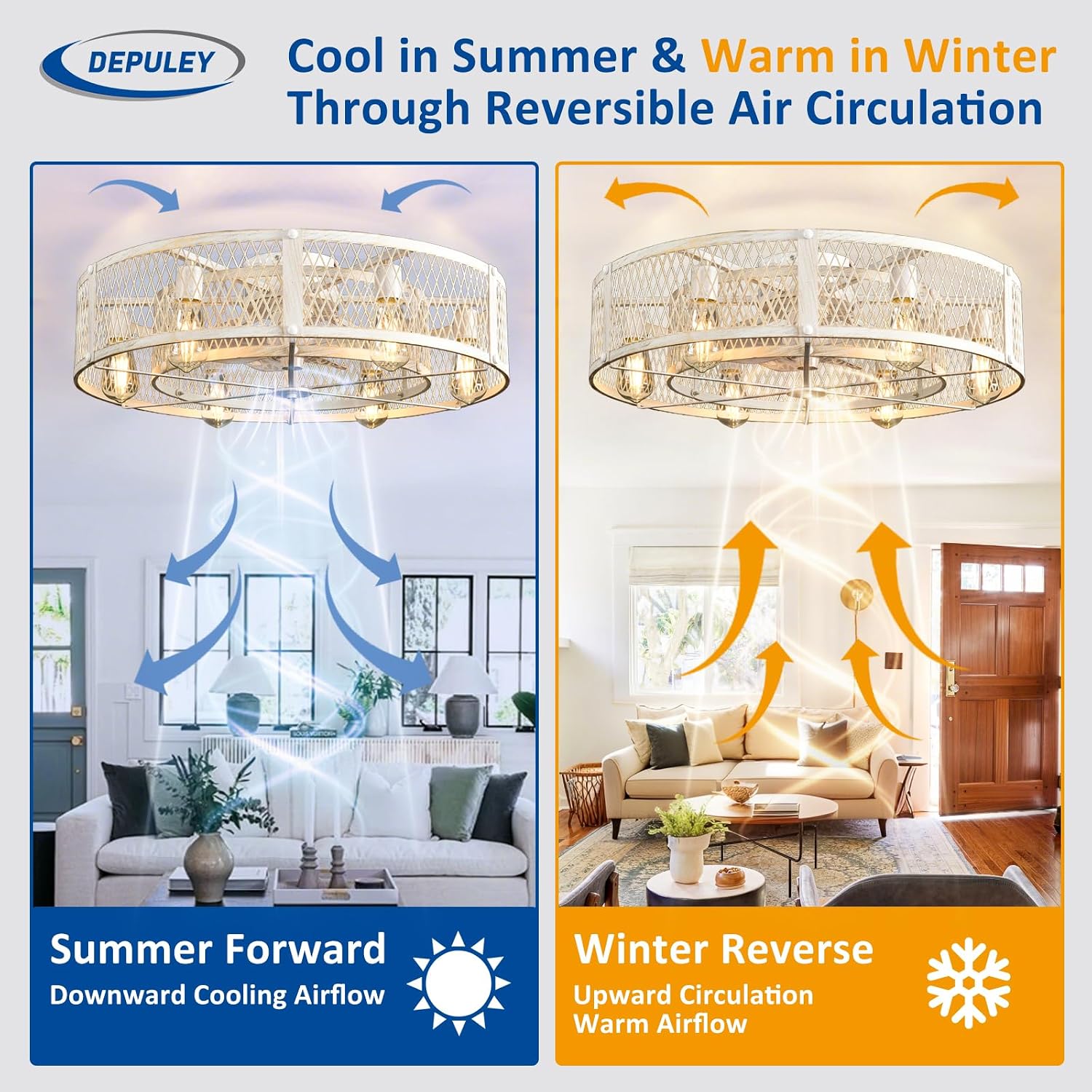 Depuley Flush Mount Ceiling Fan: 26' Caged Ceiling Fans with Lights and Remote Control for Kitchen Bedroom Farmhouse - Rustic Low Profile Ceiling Fandelier Lights Reversible 6 Speed Timer Cement