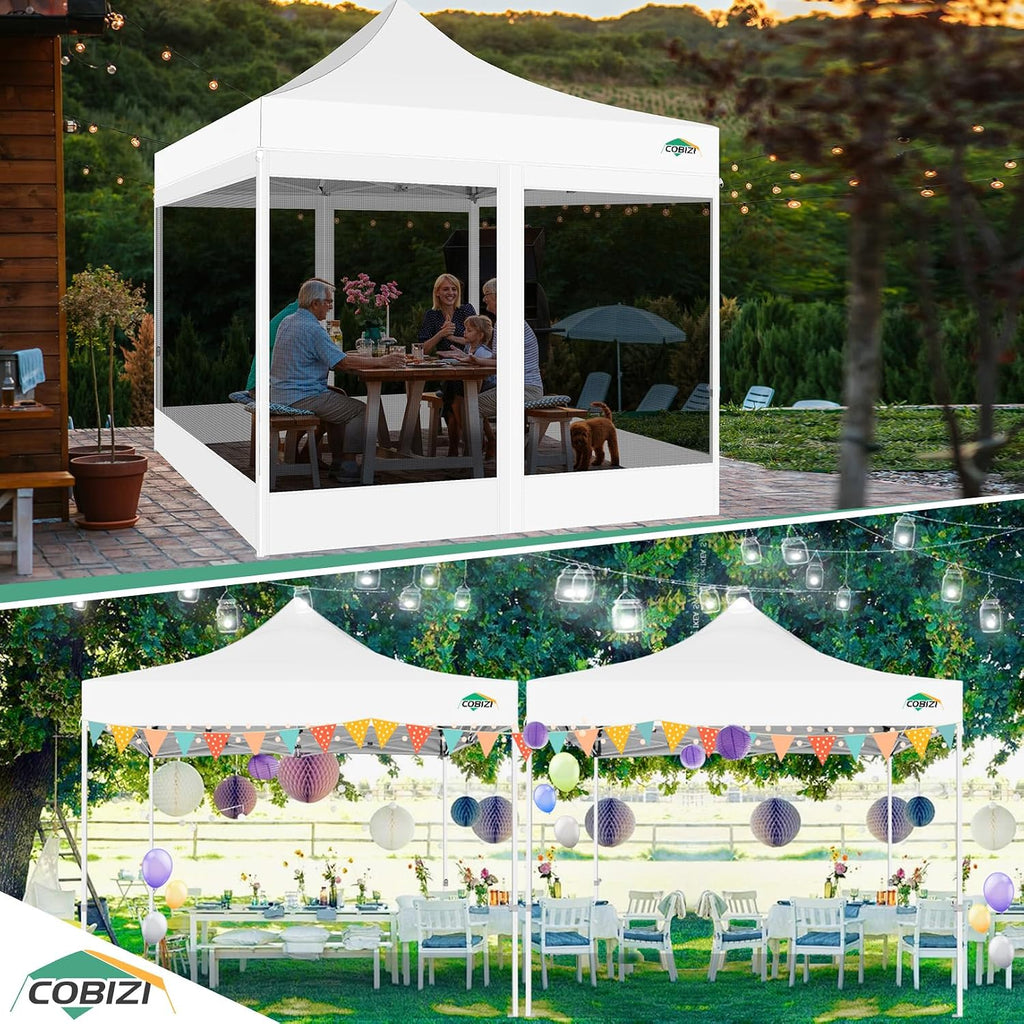 COBIZI 10x10 Pop up Gazebos with 4 Mosquito Netting Sidewalls,Heavy Duty Pop up Canopy Tent for Party,Outdoor Camping,Lawn and Backyard,Easy Set up Screen Tents with Handbag,White