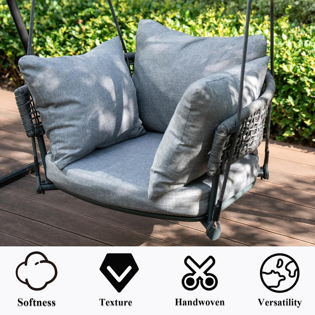 Single Porch Swings Chair with Cushions, Hanging Rope Swing, Hanging Chair for Bedroom, Hammock Chairs Swing Indoor & Outdoor, Macrame Hanging Swinging, Patio, Balcony, Light Grey