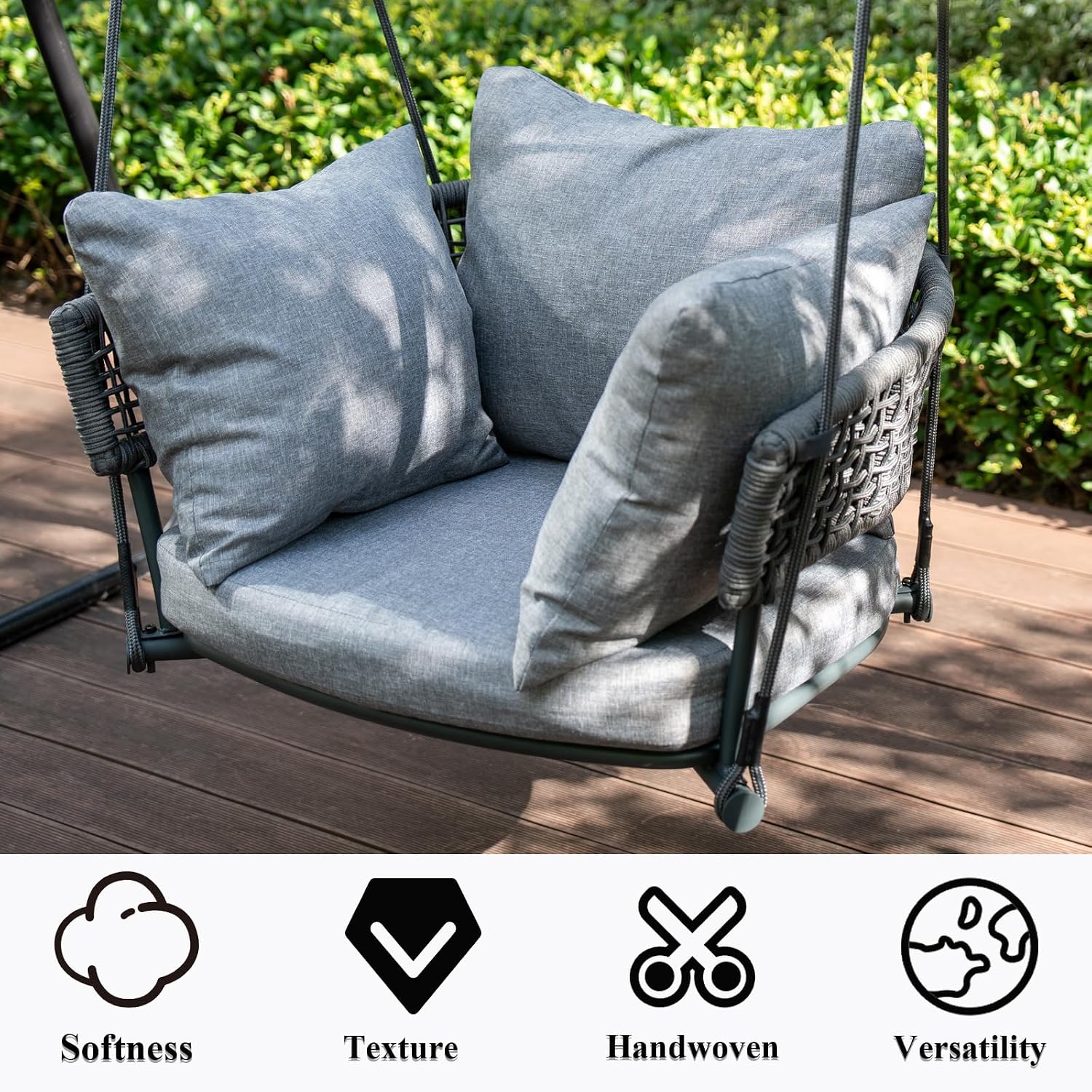 Single Porch Swings Chair with Cushions, Hanging Rope Swing, Hanging Chair for Bedroom, Hammock Chairs Swing Indoor & Outdoor, Macrame Hanging Swinging, Patio, Balcony, Light Grey