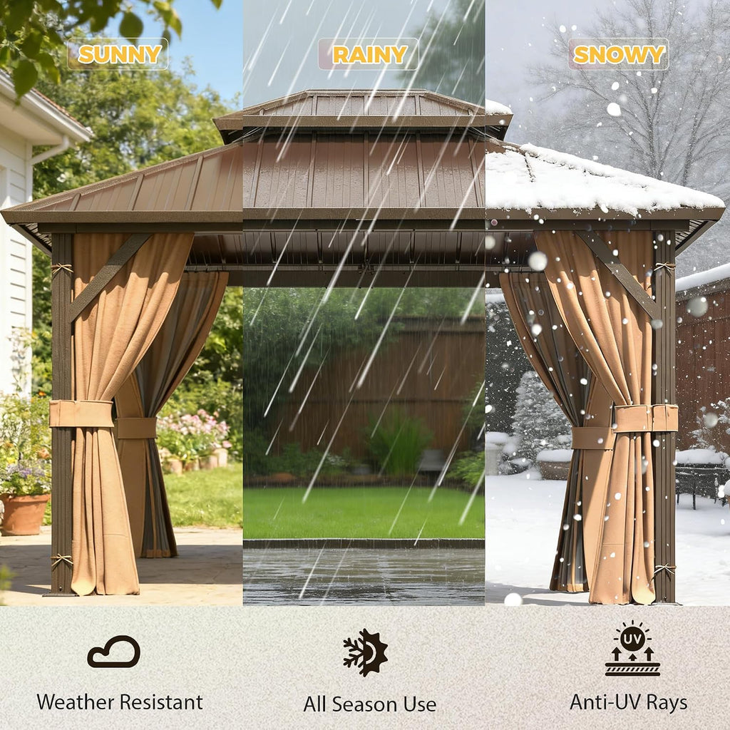 YOLENY 10' x 12' Gazebo Hardtop with Aluminum Frame,Galvanized Steel Double Roof Gazebos with Curtain and Netting,Outdoor Metal Pergolas for Garden, Lawn, Deck, Brown