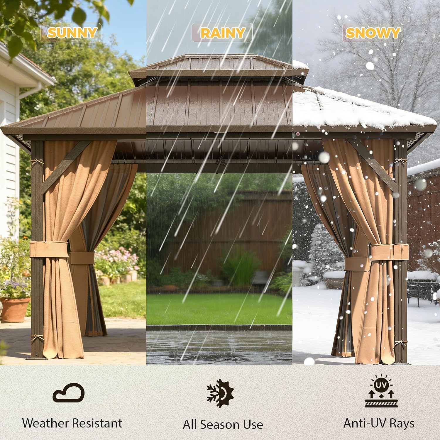 YOLENY 10' x 12' Gazebo Hardtop with Aluminum Frame,Galvanized Steel Double Roof Gazebos with Curtain and Netting,Outdoor Metal Pergolas for Garden, Lawn, Deck, Brown