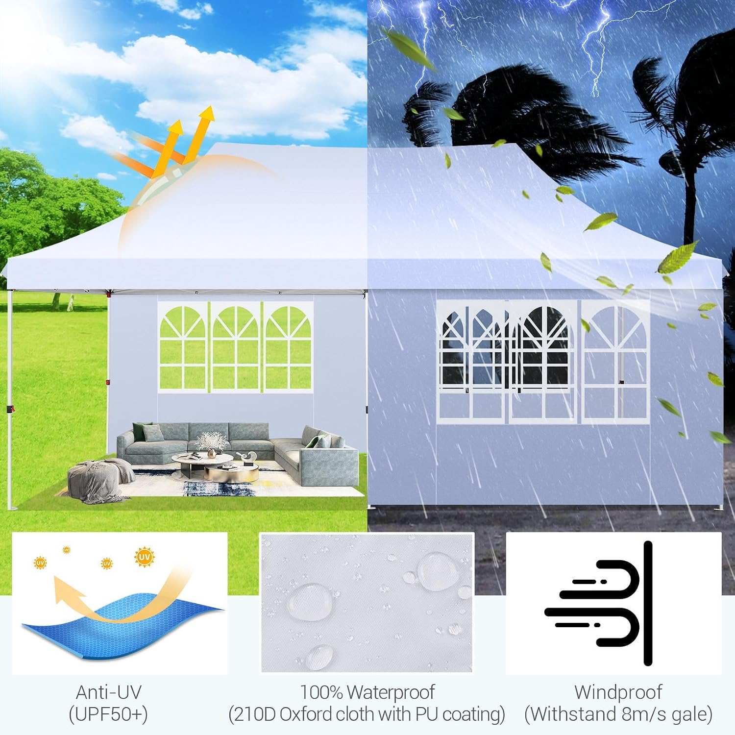 COBIZI 10x20ft Pop Up Canopy Tent with 6 Removable Sidewalls, Easy Up Commercial Canopy, Waterproof and UV50+ Gazebo with Portable Bag, Adjustable Leg Heights,Party Tents for Parties, with 4 Sandbags