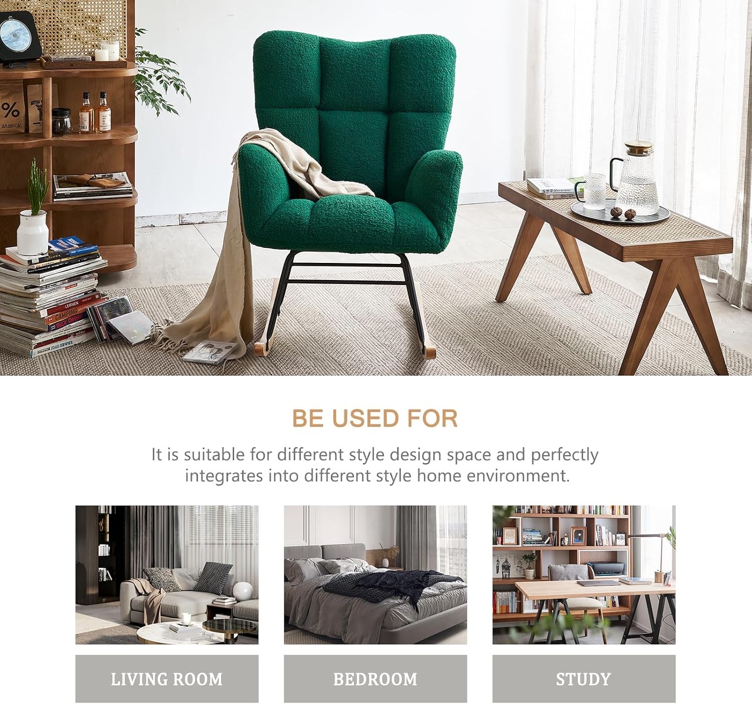 Rocking Chair Nursery, High Backrest Teddy Glider Rocker Upholstered Rocker Recliner Modern Rocking Accent Chairs for Bedroom, Living Room, Offices (Green)