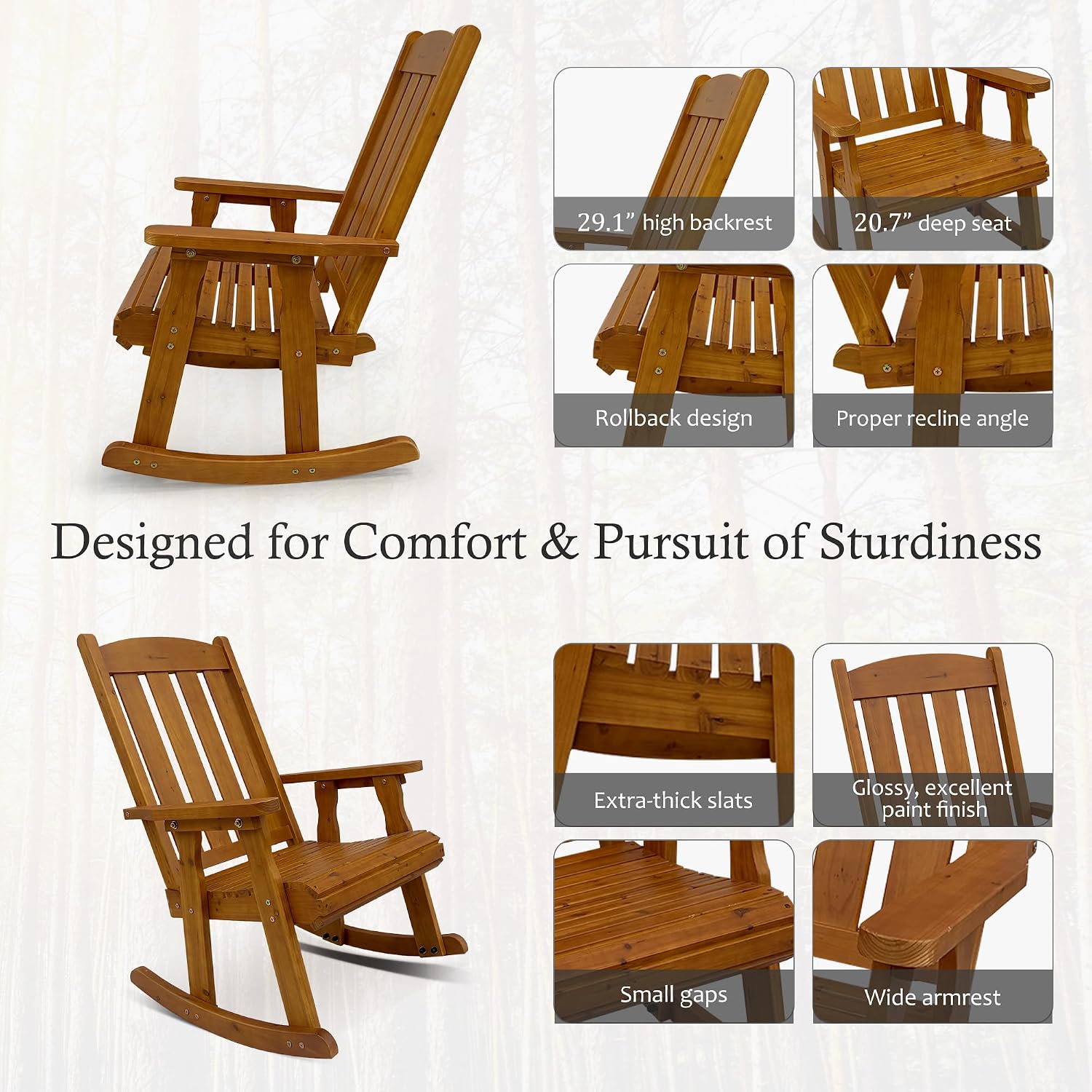 Wooden Rocking Chair with Comfortable Backrest Inclination, High Backrest and Deep Contoured Seat, Solid Fir Wood, Heavy Duty 600 LBS, for Backyard, Porch and Patio (Natural, with Side Table)
