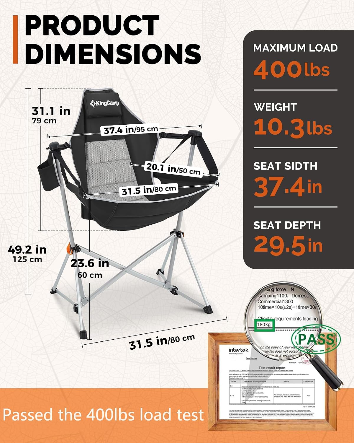 KingCamp Hammock Camping Chair, Swinging Portable Camp Chairs for Adults, 400lbs Heavy Duty Oversized Folding Rocking Chair with Adjustable Recline, Aluminum Alloy Frame for Outdoor Patio Beach Sport