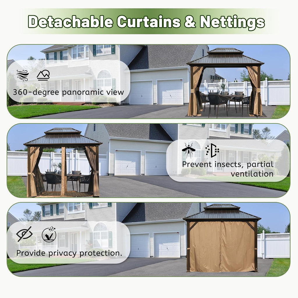 Hardtop Gazebo 8x10 FT, Metal Outdoor Gazebos with Galvanized Steel Double Roof, Curtains and Nettings, Permanent Gazebo Pavilion for Patio Wedding, Party, Outdoor Dining -Brown