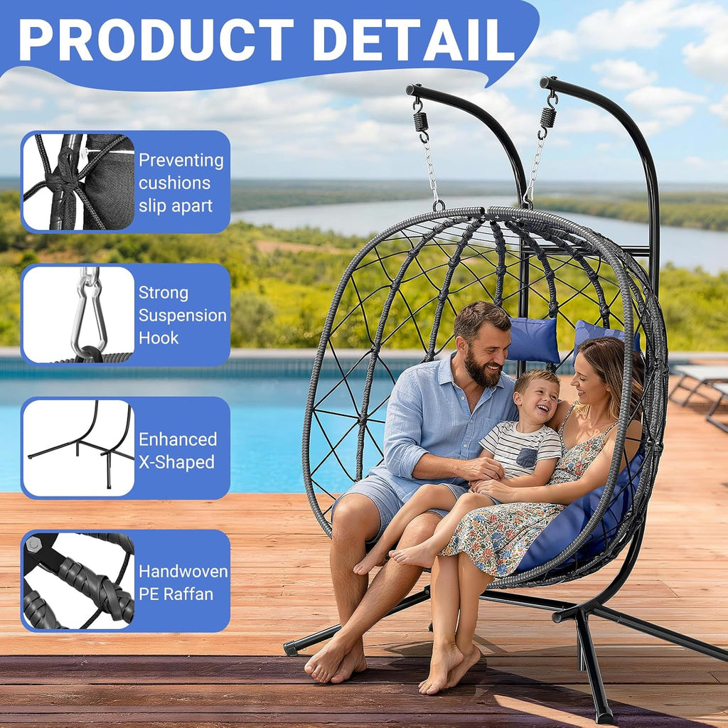 LEVELEVE Double Egg Swing Chair with Stand - 2 Person Outdoor Patio Hanging Wicker Hammock Chair with Cushion, Dark Grey, for Garden, Lawn, Bedroom, Indoor/Outdoor Use