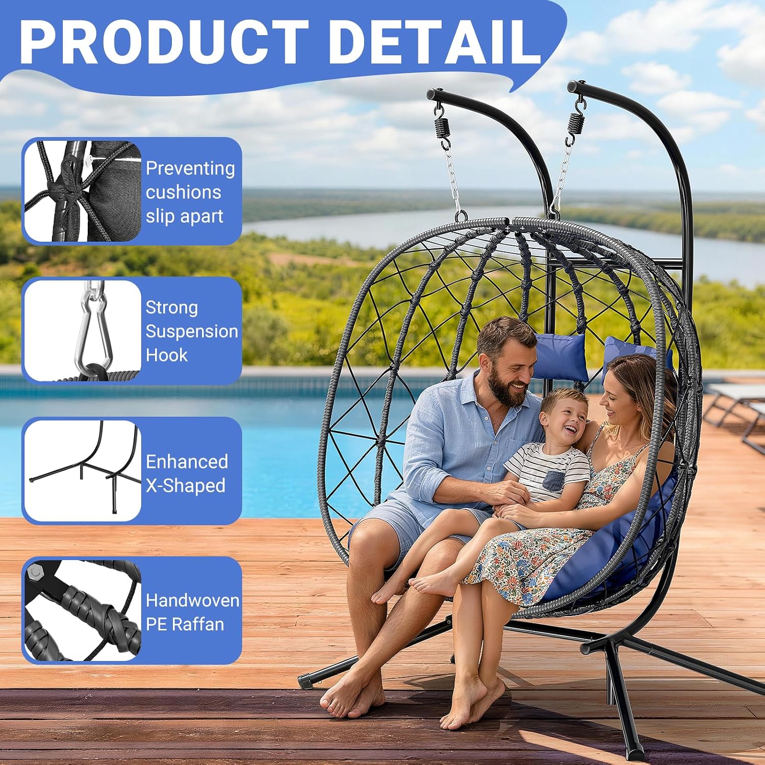 LEVELEVE Double Egg Swing Chair with Stand - 2 Person Outdoor Patio Hanging Wicker Hammock Chair with Cushion, Dark Grey, for Garden, Lawn, Bedroom, Indoor/Outdoor Use