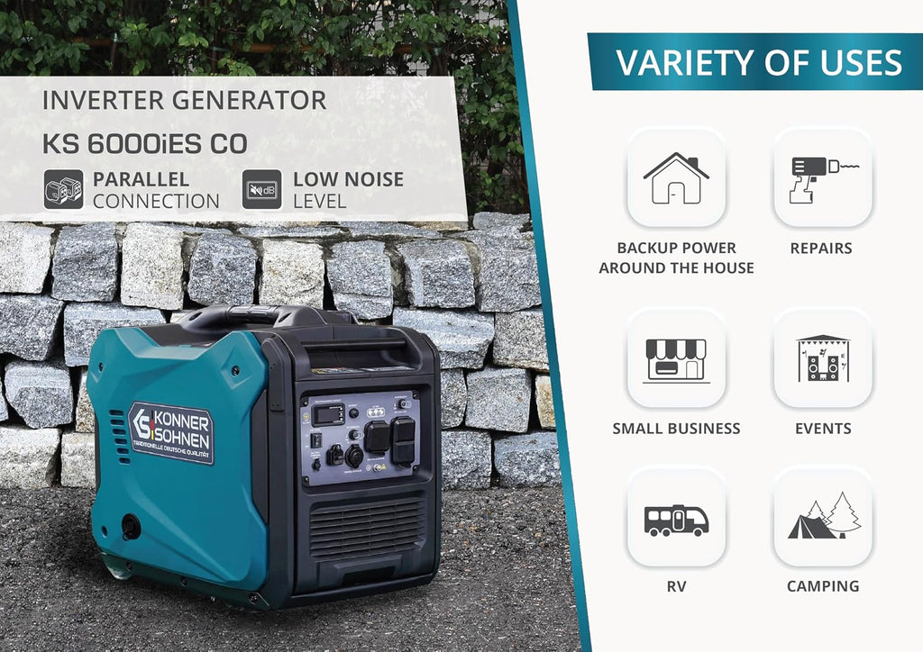 Konner&Sohnen Gas Inverter Generator - 5500 Watt, 120V/240 V, Portable and Lightweight, Super Quiet with Pure Sine Wave and CO Sensor (German brand, model: KS 6000iES CO)