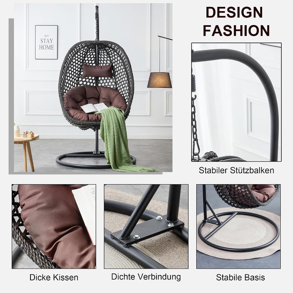 Egg Swing Chair Outdoor with Stand, Hanging Egg Rattan Basket Chair with Cushion and Pillow, Lounge Chair, Foldable Basket and Metal Stand for Porch, Patio, Bedroom, Balcony,Yard (Black)