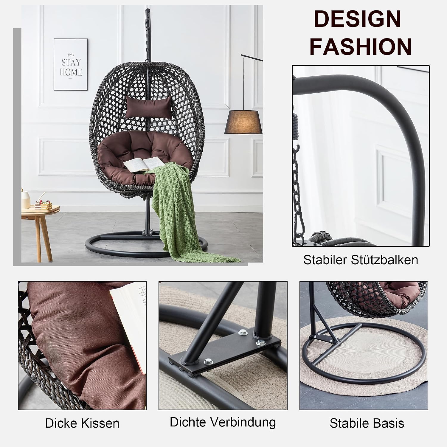 Egg Swing Chair Outdoor with Stand, Hanging Egg Rattan Basket Chair with Cushion and Pillow, Lounge Chair, Foldable Basket and Metal Stand for Porch, Patio, Bedroom, Balcony,Yard (Black)