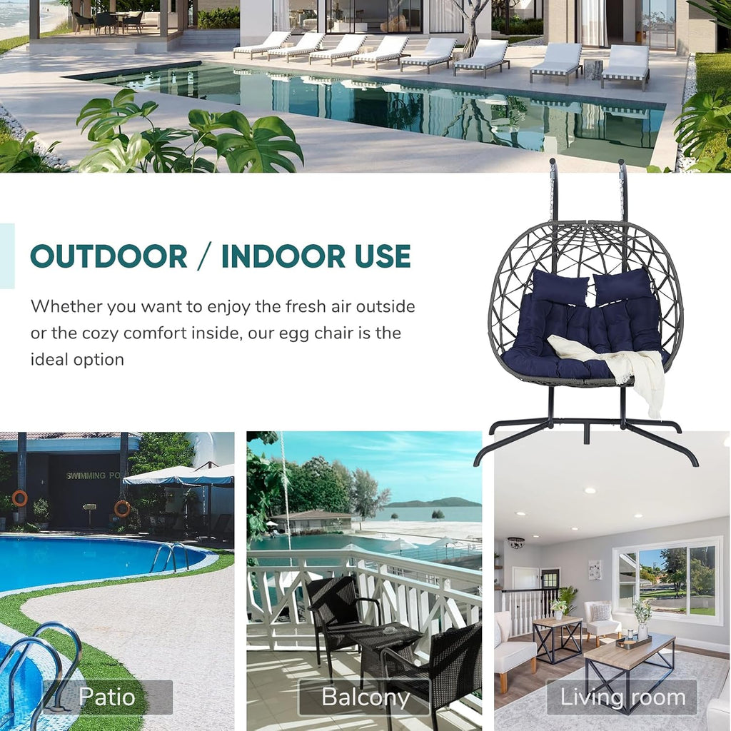 JOYBASE Double Swing Egg Chair with Stand, 2-Person Hanging Egg Chair Wicker Rattan Oversized Swinging Chair for Outdoor Indoor Garden Patio (Dark Blue Cushion and Grey Rattan)