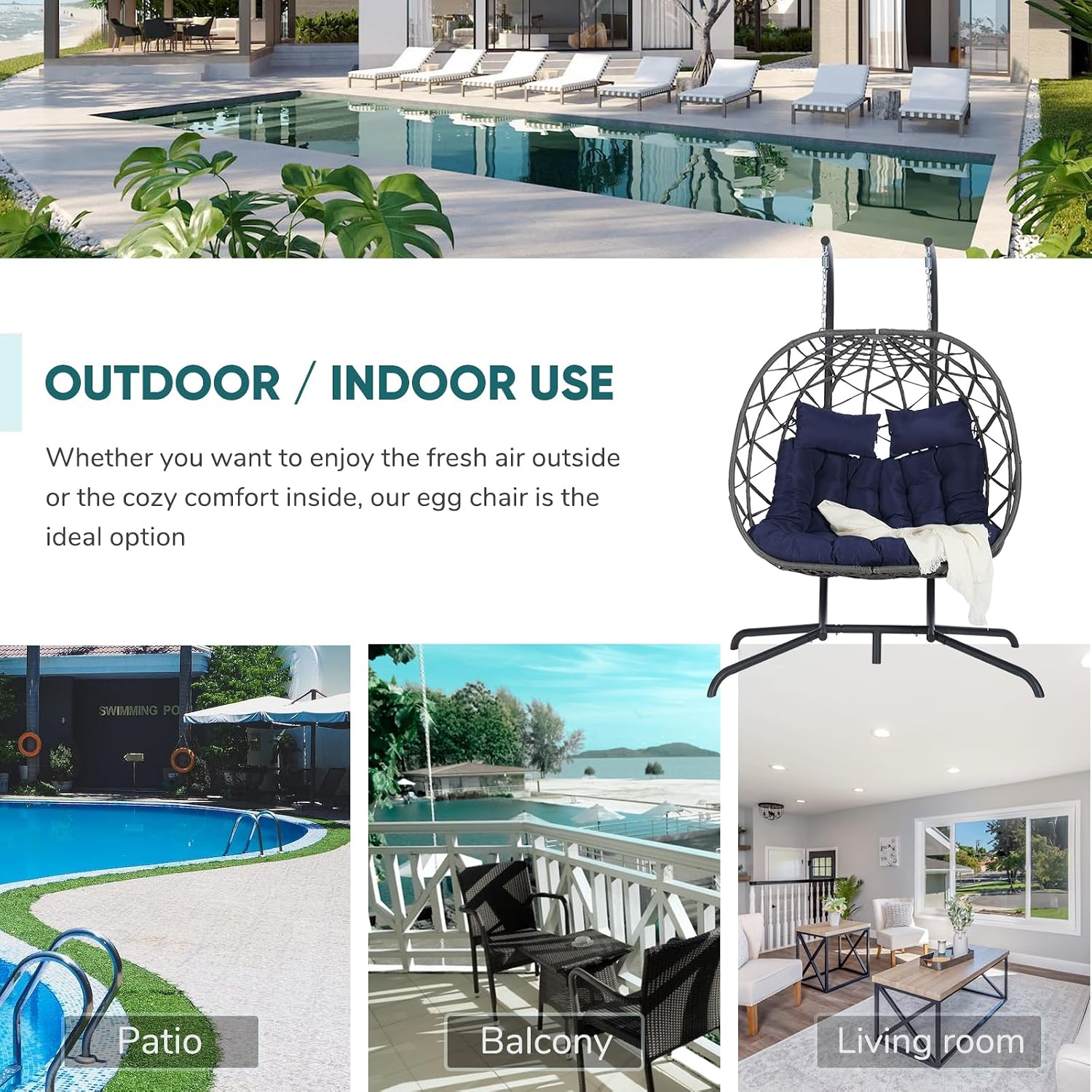 JOYBASE Double Swing Egg Chair with Stand, 2-Person Hanging Egg Chair Wicker Rattan Oversized Swinging Chair for Outdoor Indoor Garden Patio (Dark Blue Cushion and Grey Rattan)