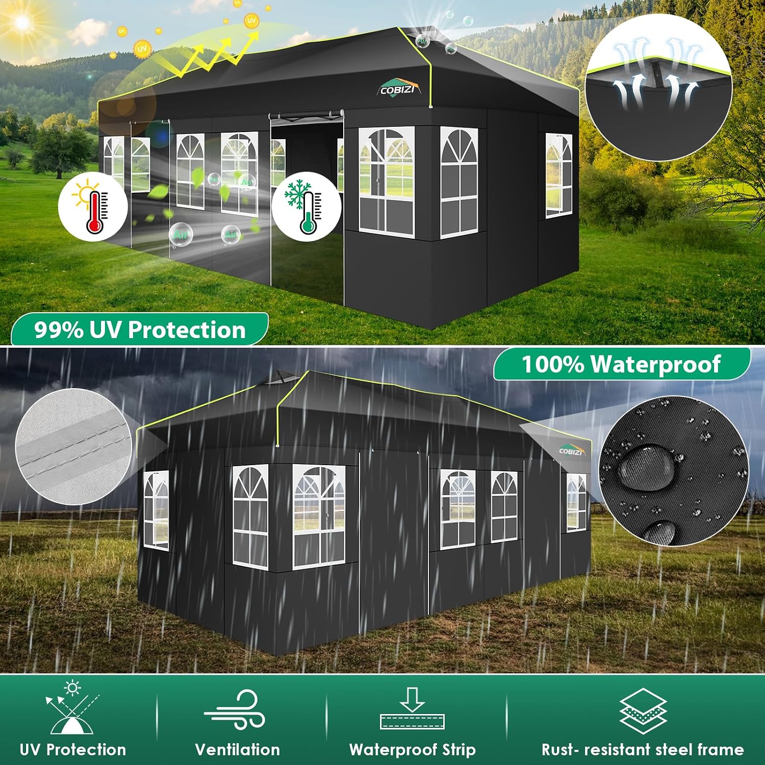 COBIZI 10x20 Pop Up Canopy Tent with 6 Removable Sidewalls, One Push Party Tent Outdoor Waterproof Event Canopy with Air Vent for Parties Commercial Wedding, 3 Height, Carry Bag, Sandbag, Black