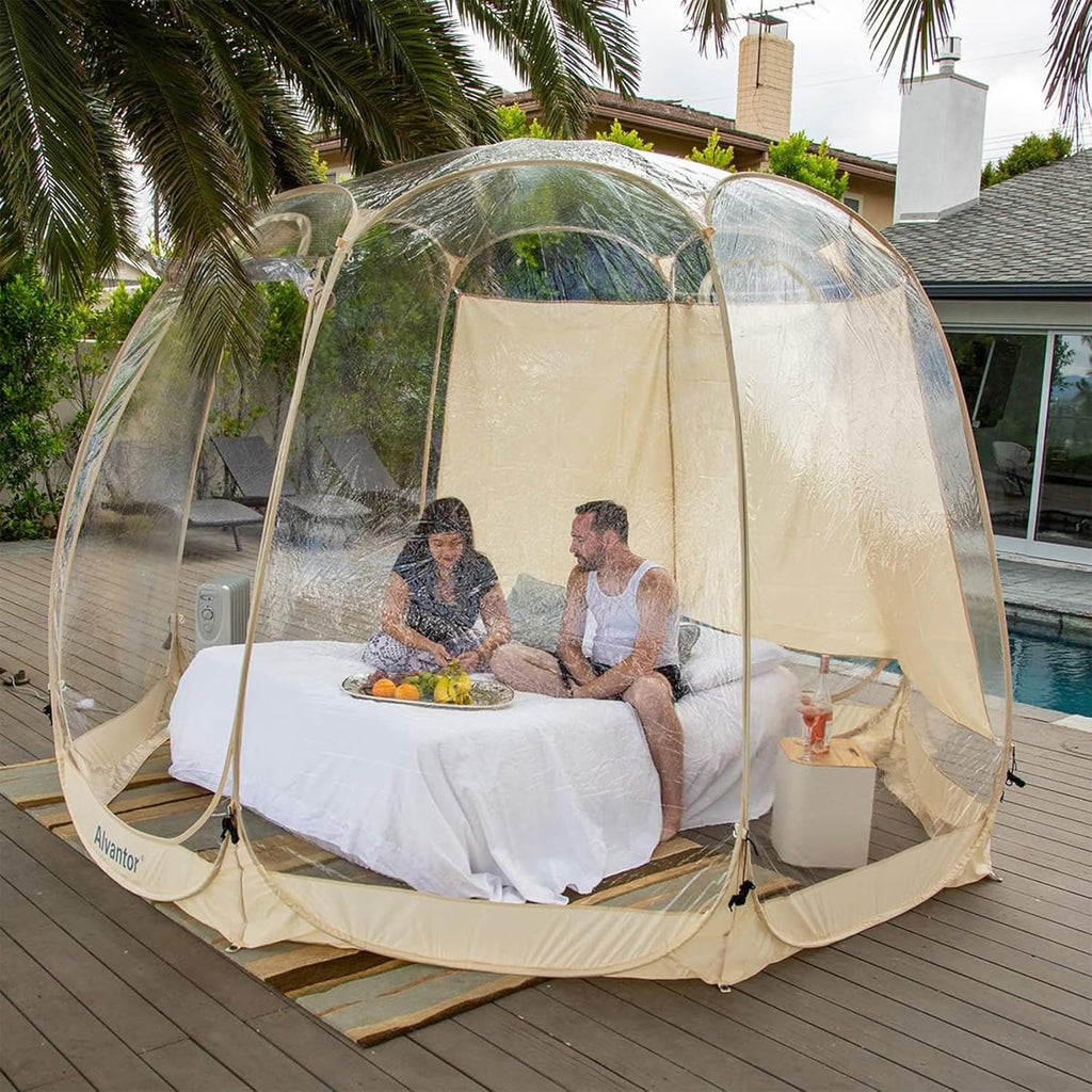 Alvantor® Pop Up Bubble Tent® - 12' x 12' Instant Igloo Tent® - 8-10 Person Screen House for Patios - Large Oversize Weather Proof Pod - Cold Protection Camping - Beige