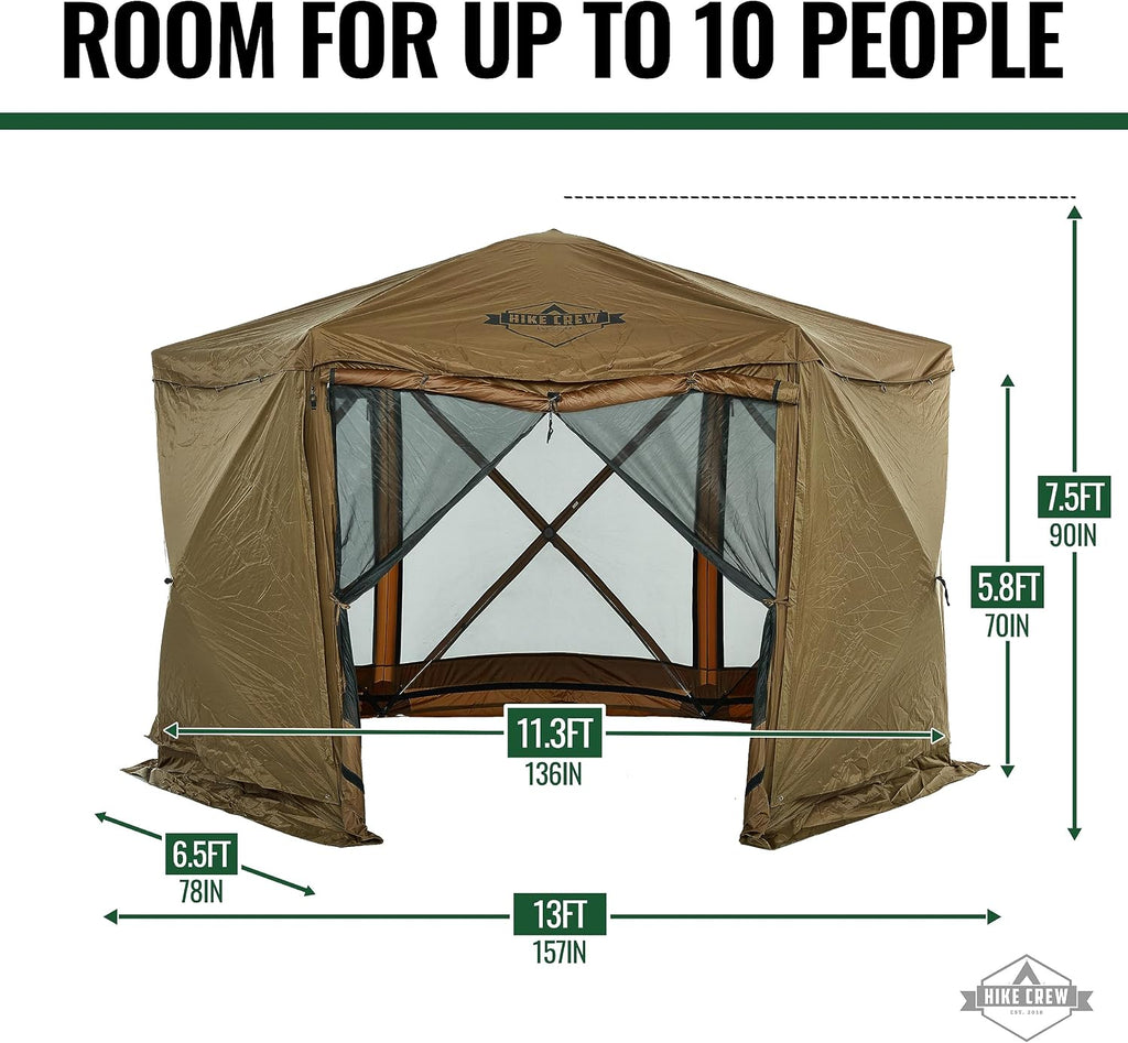 Hike Crew 13' x 13' Screened Roof Pop-Up Gazebo Screen Tent | 6-Sided Outdoor Canopy Shelter w/Roof Cover, Built-in Zippered Panels, Built-in Awning, Stakes, Ropes & Carry Bag | UV Resistant SPF 50+