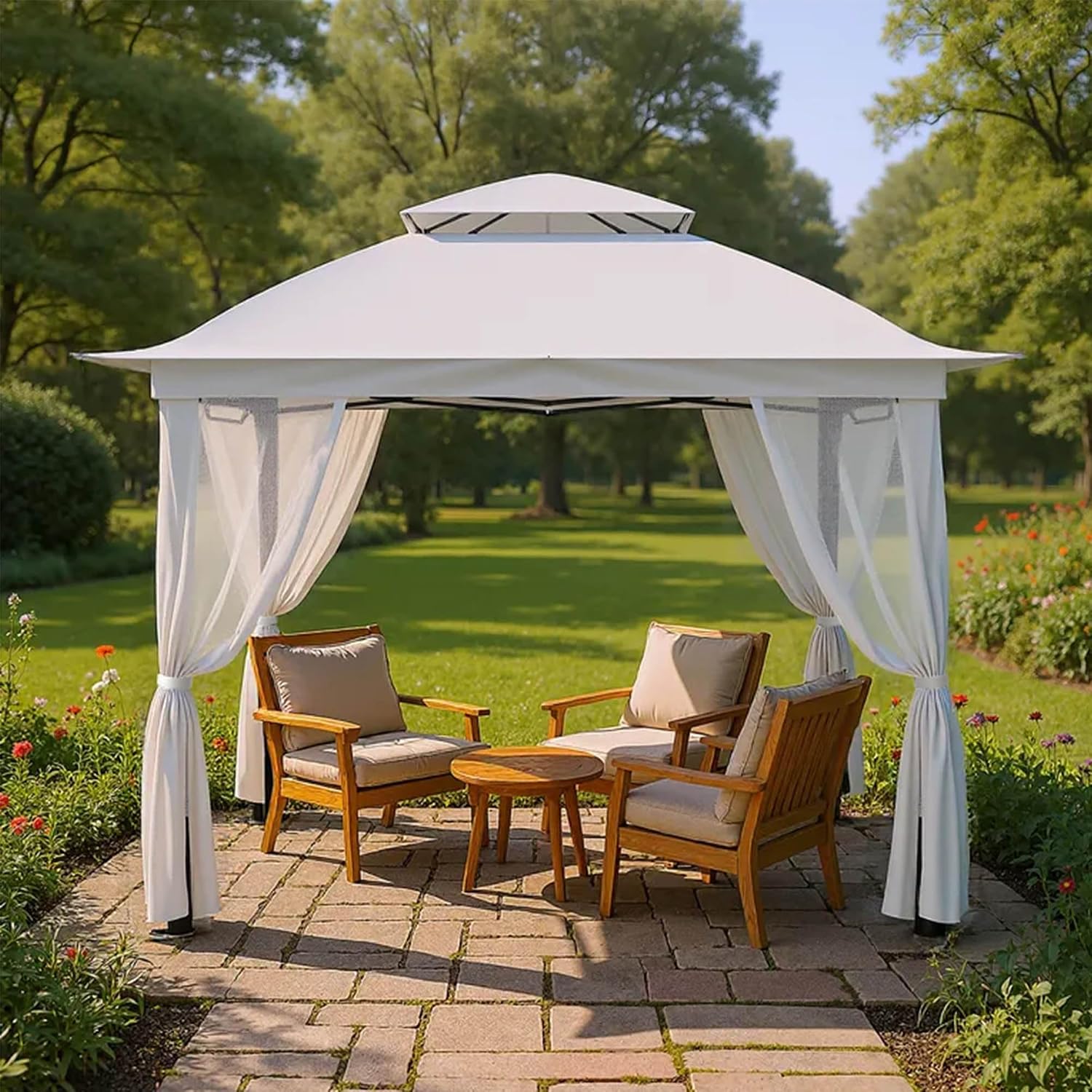 Pop Up Gazebo 11x11, Outdoor Instant Canopy Shelter Tent with Mosquito Netting Metal Frame Storage Bag for Patio Garden Backyard.(White)
