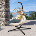 Indoor Outdoor Hanging Egg Chair with Stand & Leg Rest – Heavy-Duty Steel Frame, Handwoven Rattan Swing Chair for Patio, Garden, Bedroom – 350 lbs Capacity, Ergonomic Design (White)