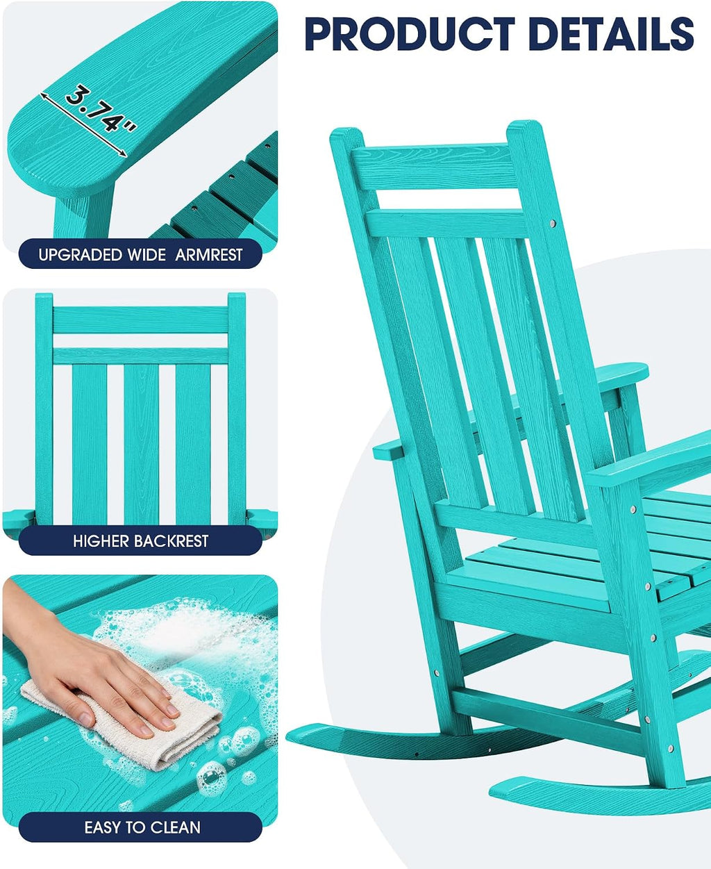 KINGYES Oversized Outdoor Rocking Chair Set of 2, All-Weather Patio Rocking Chairs for Porch, HDPE Outdoor Patio Rockers with High Back & Wide Seat for Garden, Lawn, Aruba
