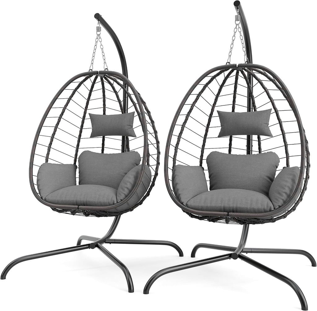 2 Pieces Outdoor Hanging Egg Chair with Stand,Patio Wicker Swing Egg Chair Hammock Chair with UV Resistant Cushion,All-Weather 485lbs Capacity for Bedroom,Balcony,Garden,Grey