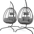 2 Pieces Outdoor Hanging Egg Chair with Stand,Patio Wicker Swing Egg Chair Hammock Chair with UV Resistant Cushion,All-Weather 485lbs Capacity for Bedroom,Balcony,Garden,Grey