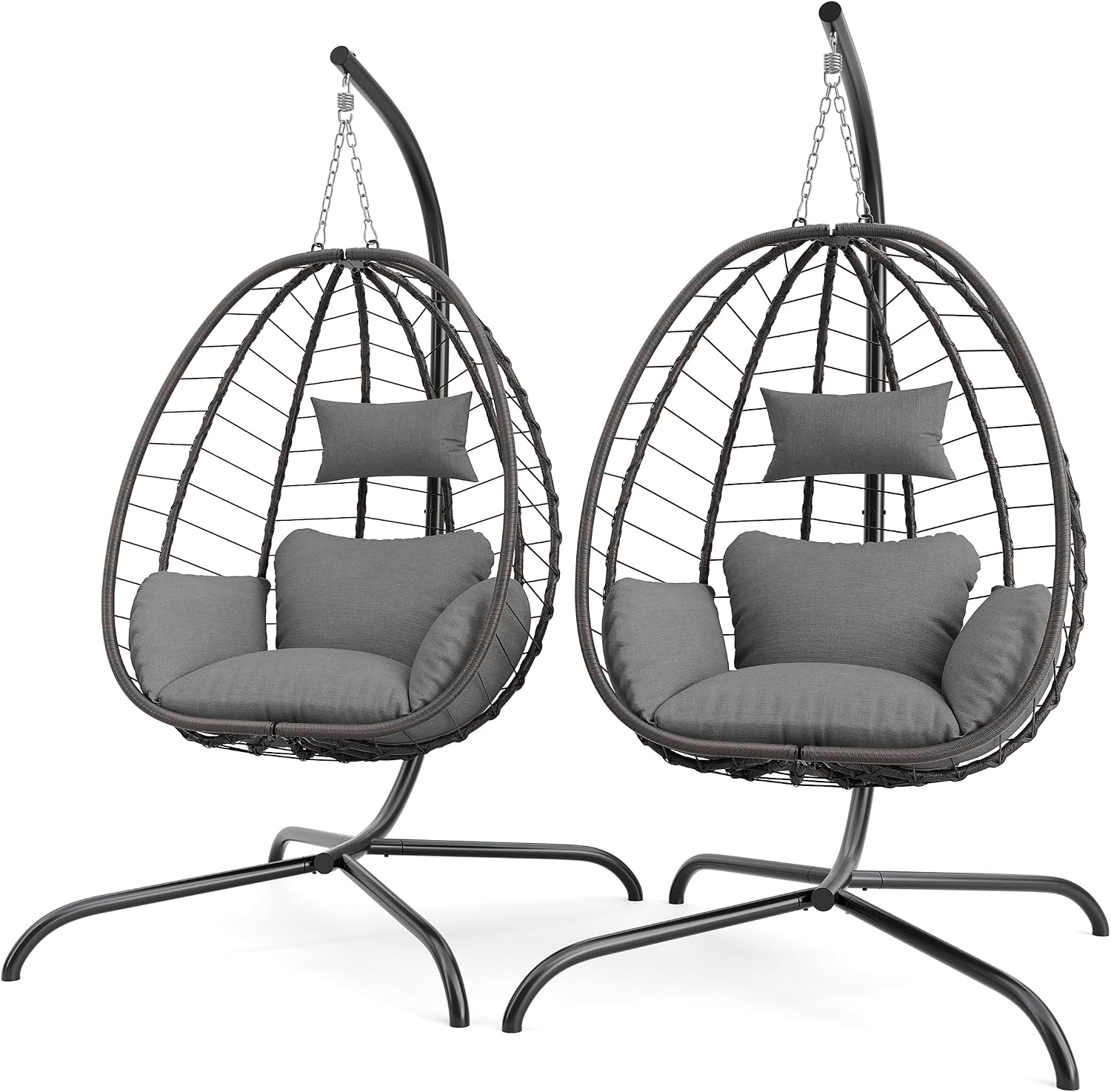 2 Pieces Outdoor Hanging Egg Chair with Stand,Patio Wicker Swing Egg Chair Hammock Chair with UV Resistant Cushion,All-Weather 485lbs Capacity for Bedroom,Balcony,Garden,Grey