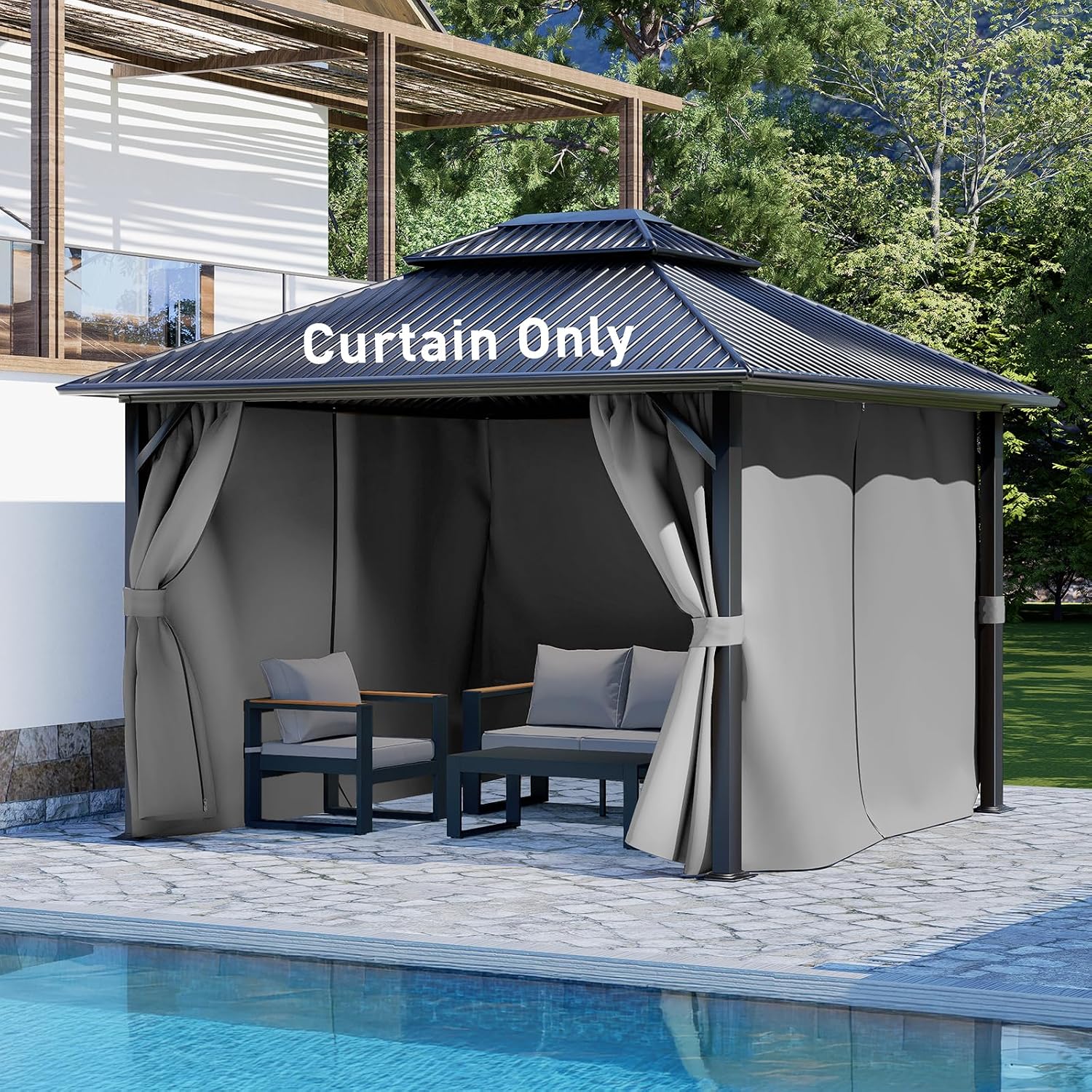 Aoodor 12x16 ft Outdoor Gazebo Curtains, 4 Panels Waterproof Privacy Sidewall Replacement with Zipper for Patio Pergola and Canopy, Gray