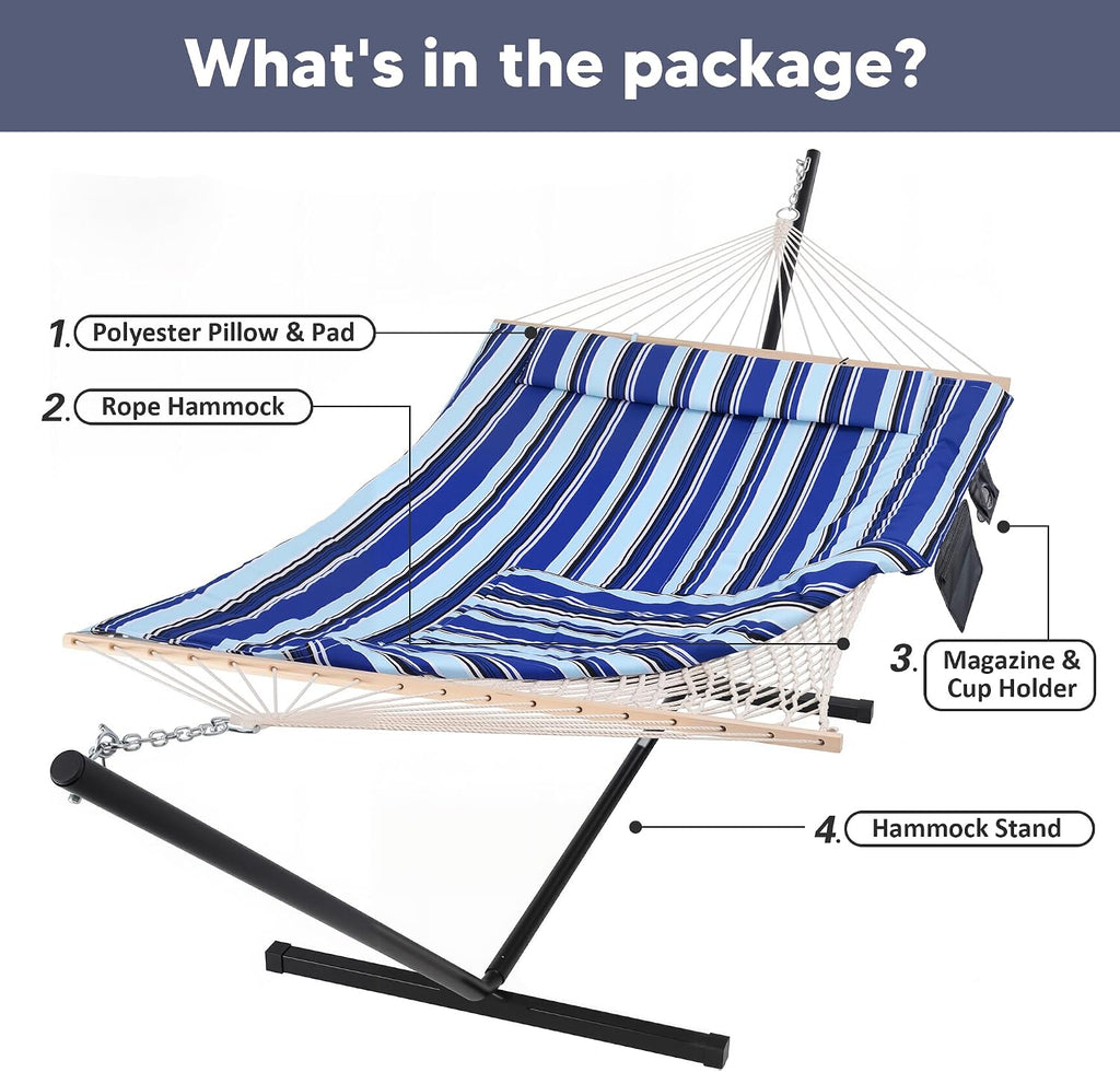SUNCREAT Hammock Double Hammock with Stand, Carrying Bag, Two Person Cotton Rope Hammock, Blue Stripe