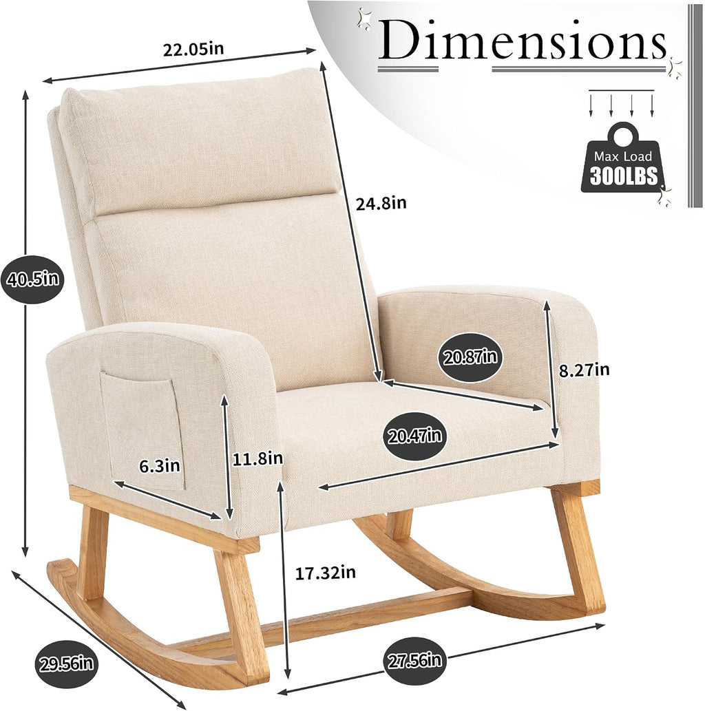 Rocking Chair Nursery, Upholstered Nursing Rocker Chair for Mom with High Backrest and Side Pockets for Bedroom Living Room, Beige