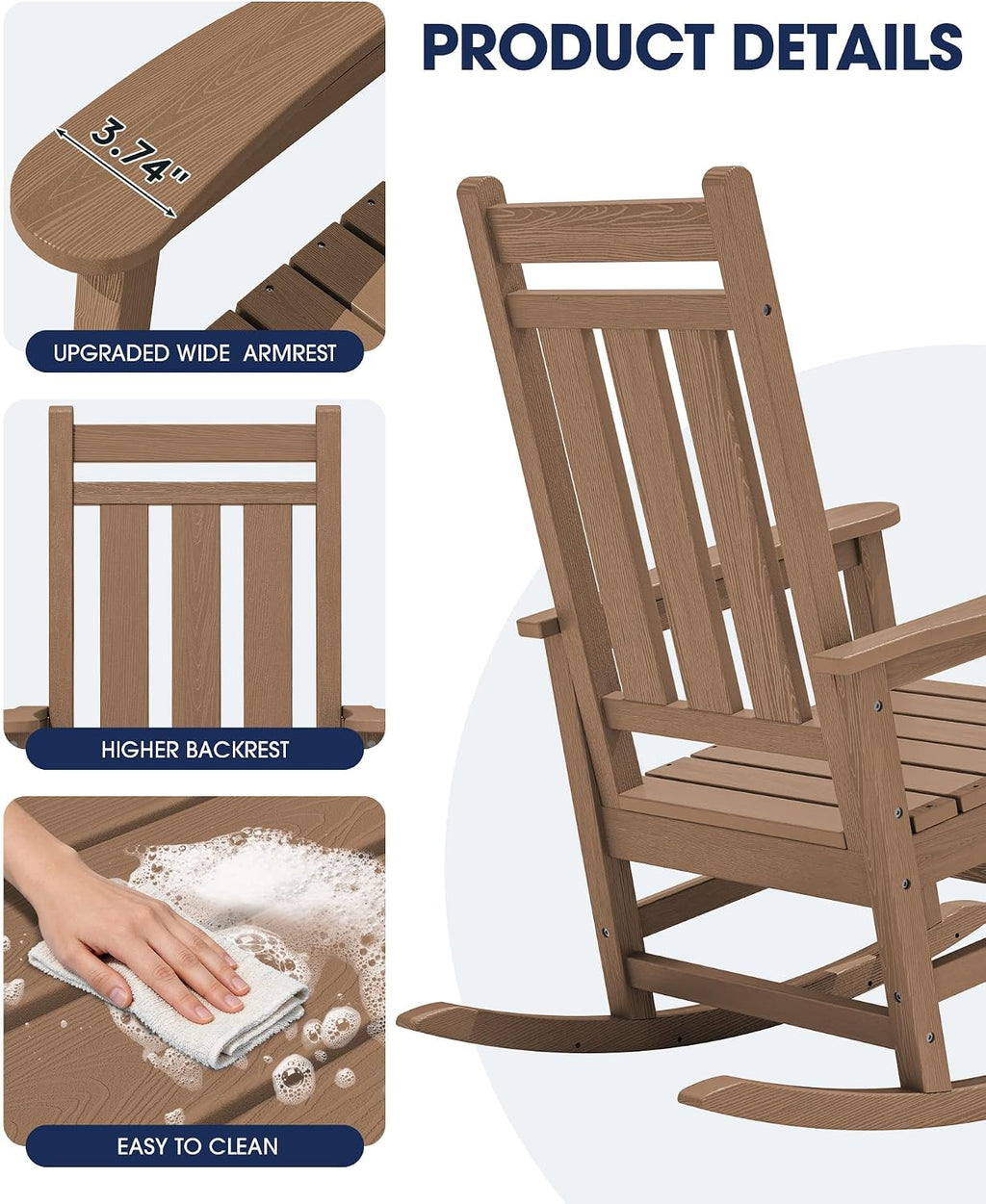 KINGYES Oversized Outdoor Rocking Chair Set of 2, All-Weather Patio Rocking Chairs for Porch, HDPE Outdoor Patio Rockers with High Back & Wide Seat for Garden, Lawn, Brown