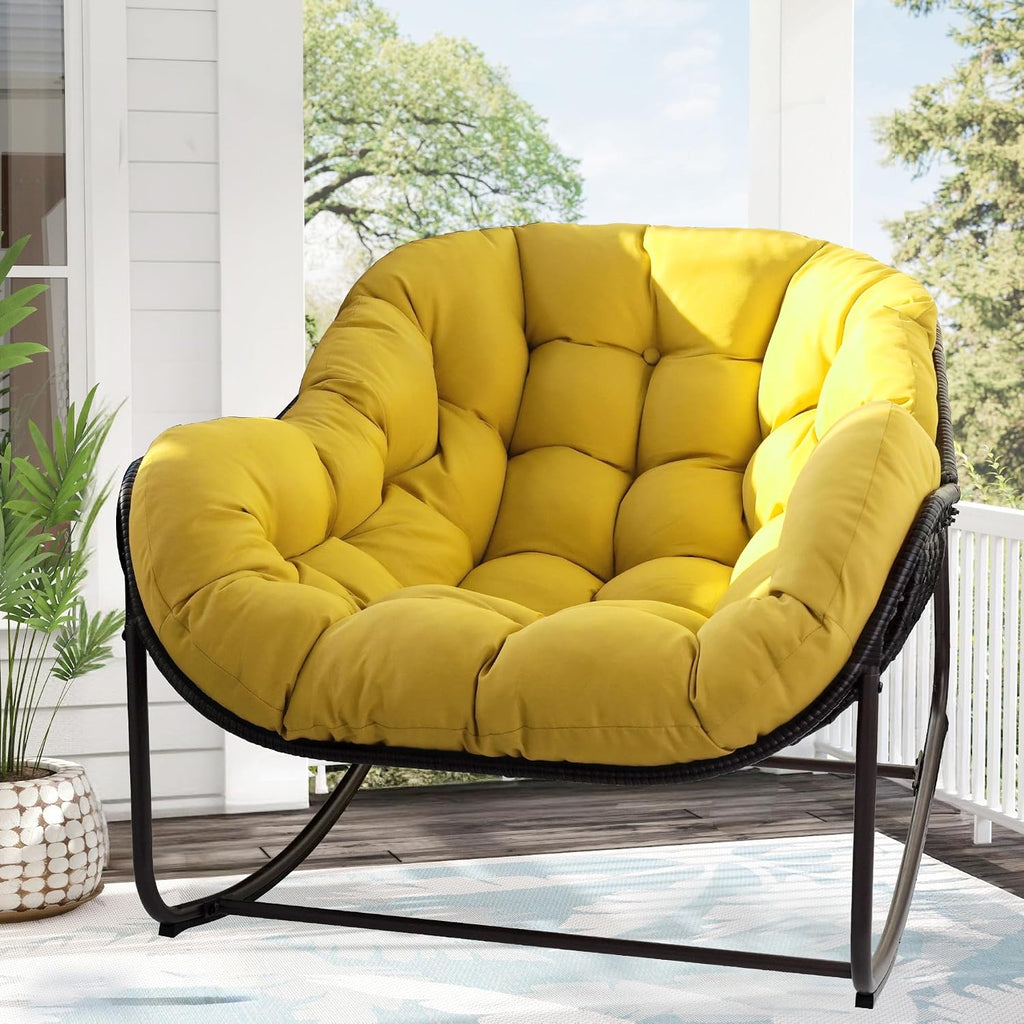 Papasan Rocking Chair, Oversized Papasan Chair with Cushion and Frame for Indoor& Outdoor,Egg-Shaped Patio Rocking Chair for Garden, Deck, Living Room, Yellow