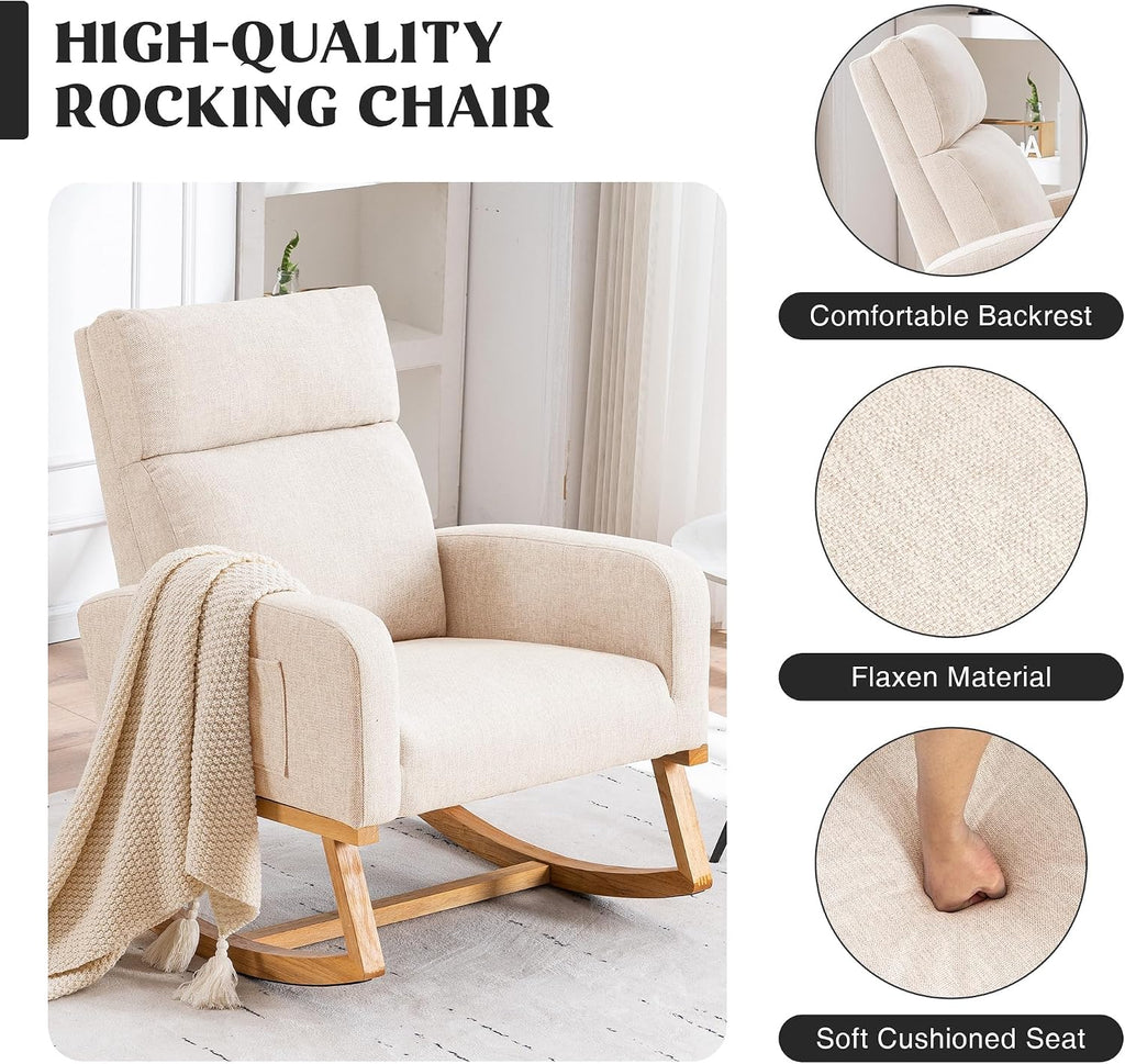 HCHAIRH Rocking Chair Nursery, Nursing Rocker Chairs with High Backrest, Modern Glider Rocking Chair for Mom Nursery, Living Room, Bedroom, Beige