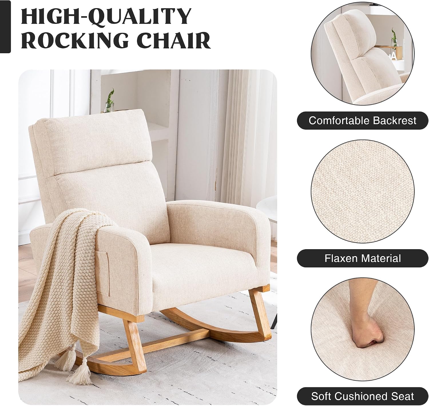 HCHAIRH Rocking Chair Nursery, Nursing Rocker Chairs with High Backrest, Modern Glider Rocking Chair for Mom Nursery, Living Room, Bedroom, Beige