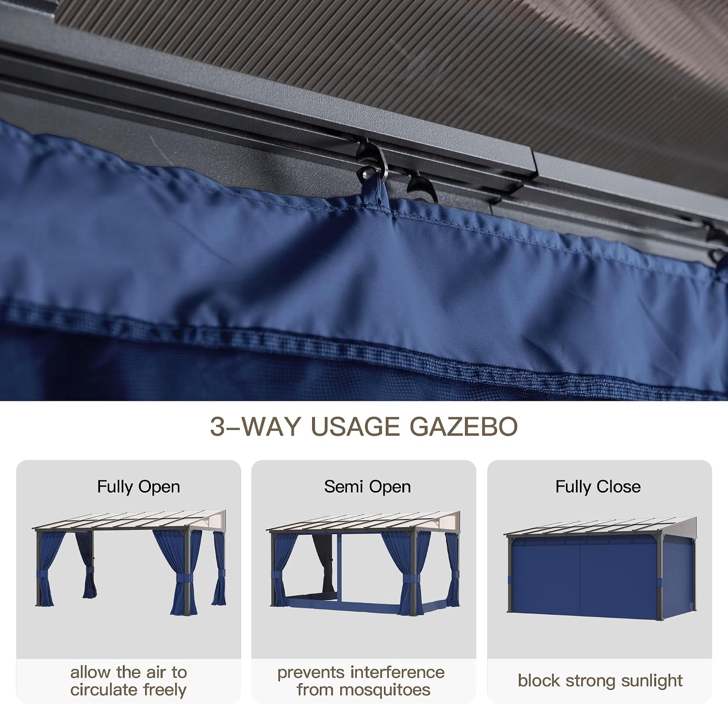 10' x 24' Gazebo for Patio,Wall Mounted Gazebo with Sloping Polycarbonate Roof,Aluminum Frame Outdoor pelgole w/Netting & Curtain for Garden,Backyard,Navyblue