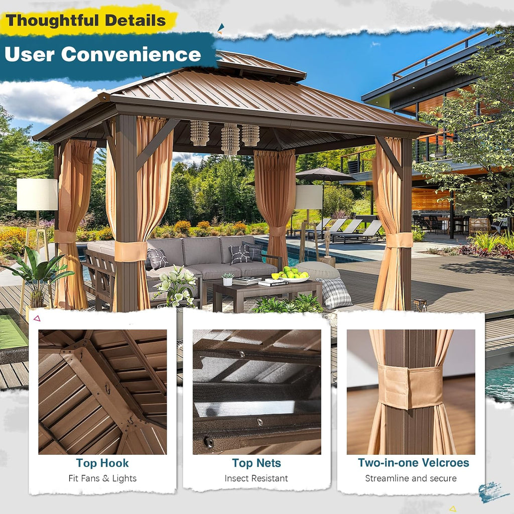MELLCOM 10'x12' Hardtop Gazebo, Metal Double Roof Aluminum Gazebos with Curtain and Netting,Brown Permanent Galvanized Steel Pavilion for Patio, Lawn & Deck